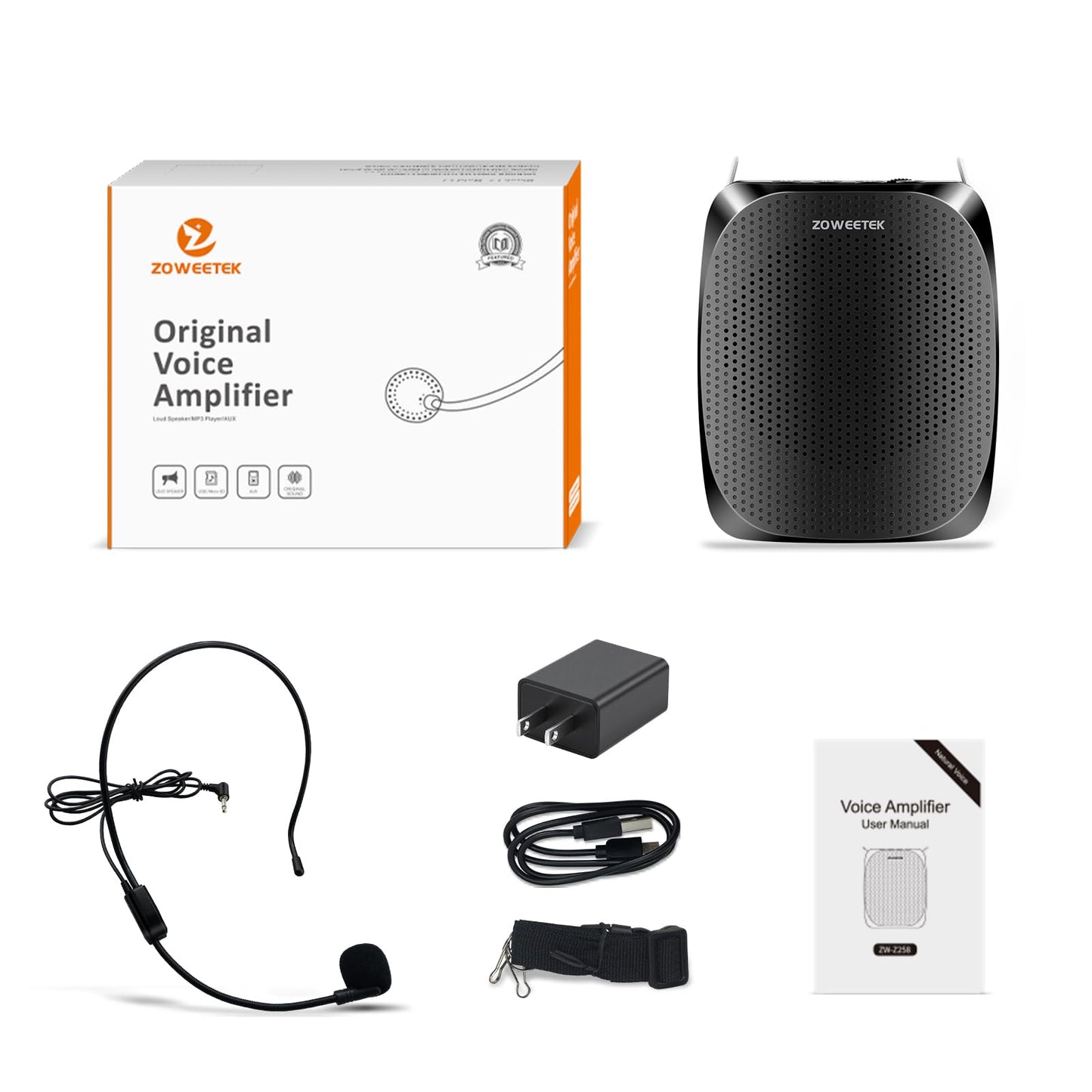 ZOWEETEK Portable Rechargeable Mini Voice Amplifier with Wired Microphone Headset and Waistband, Supports MP3 Format Audio for Teachers, Singing, Coaches, Training, Presentation, Tour Guide