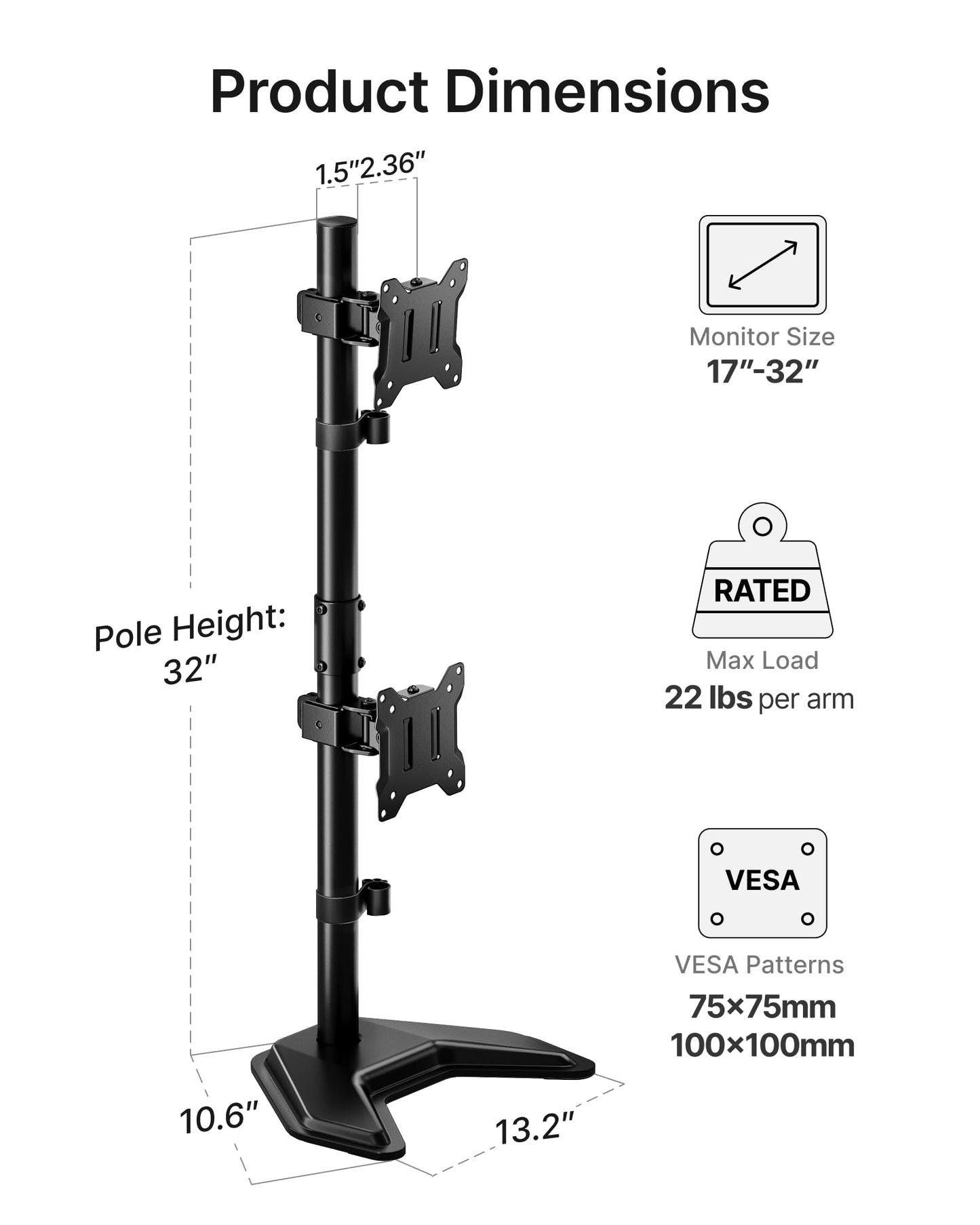 monTEK Stable Stacked Dual Monitor Stand, Heavy-Duty Vertical Monitor Mount for 17-32 inch Screen, Full Motion Arm with Tilt, Swivel, Rotation, Up to 22 lbs per Arm, Solid V-Shaped Base, VESA 100×100
