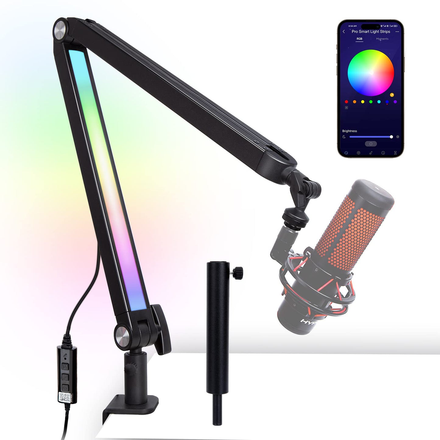 SUNMON Upgraded RGB Boom Arm - Smart Color Changing with App Control, Heavy Duty Mic Arm Stand with Detachable Riser, 1/4’’ 3/8’’ 5/8’’ Adapter for Blue Yeti, HyperX QuadCast, Rode NT1, SM7B,Other Mic