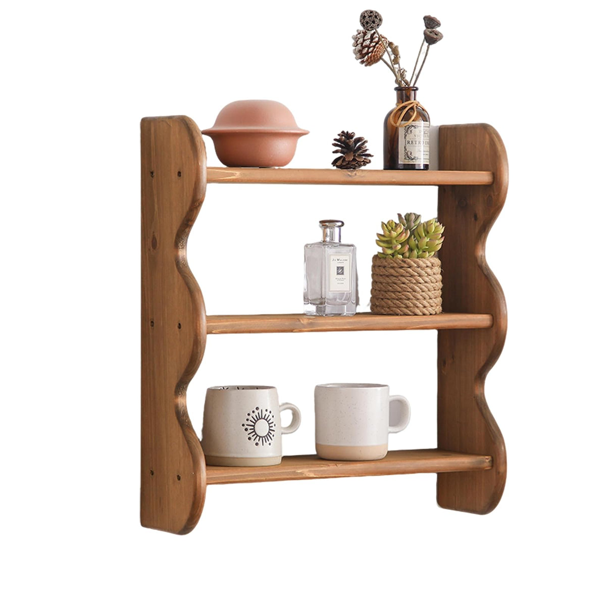 HuiDao 3-Tier Solid Wood Wall Shelf, Rustic Floating Shelves Wall Mounted Storage Rack, Hanging Shelf Display Shelves for Apartment, Living Room and Bedroom