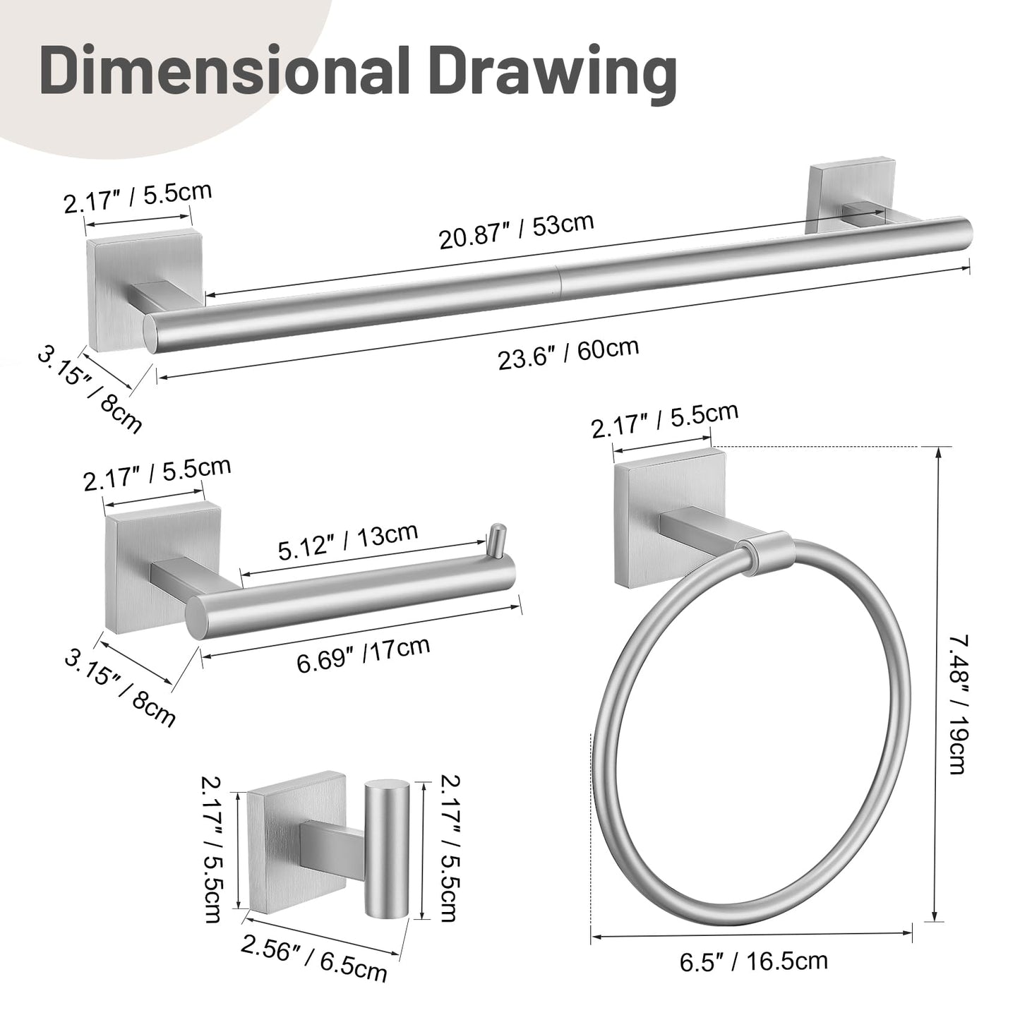 5 Pieces Bathroom Hardware Set, Brushed Nickel Towel Bar Set Includes 23.6” Towel Bar, Towel Ring Holder, Toilet Paper Holder and Two Towel Hooks, Bathroom Accessories Set SUS304 Wall Mounted