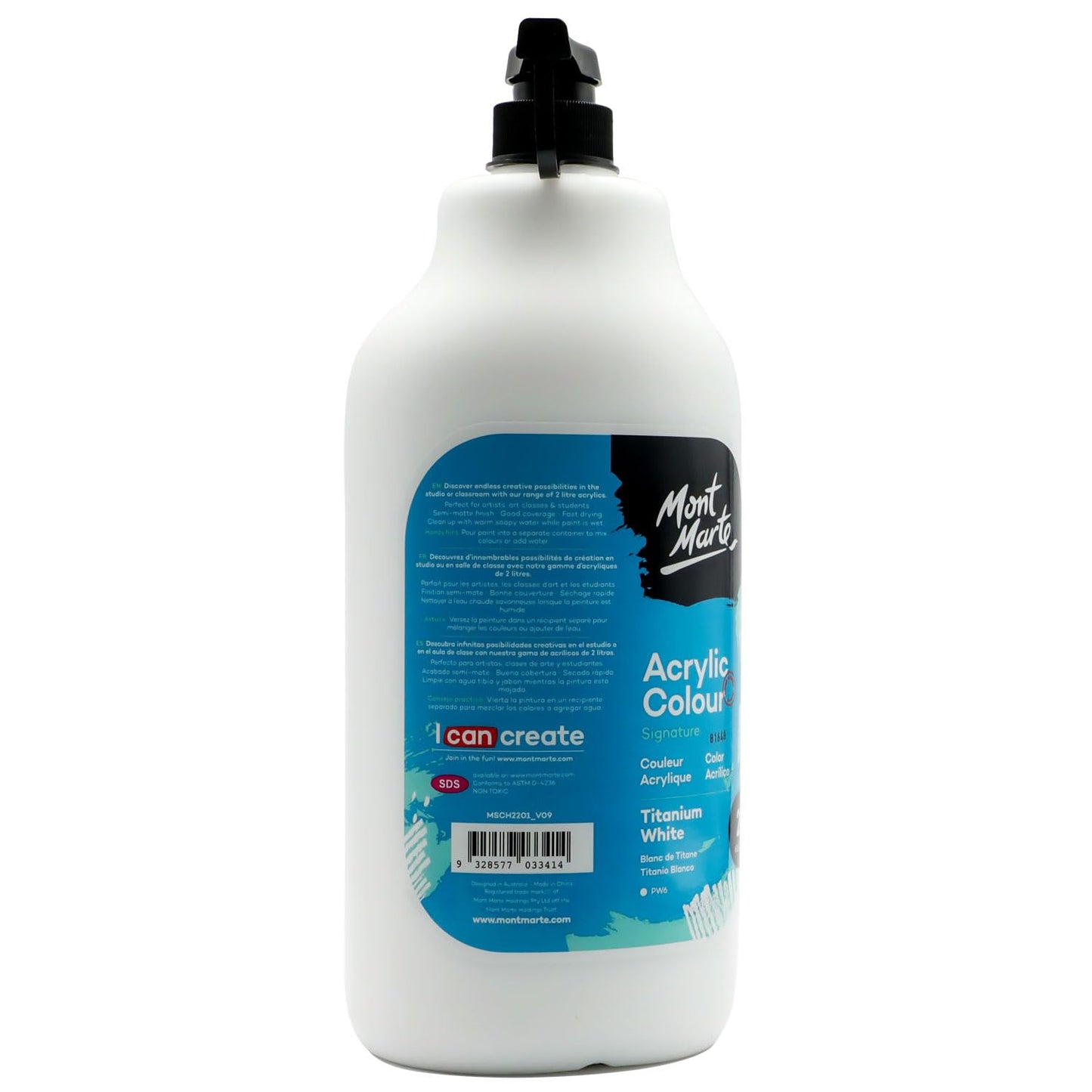 Mont Marte Discovery School Acrylic, Titanium White, 1/2 Gallon (2 Liter). Ideal for Students and Artists. Excellent Coverage and Fast Drying. Pump Lid Included.