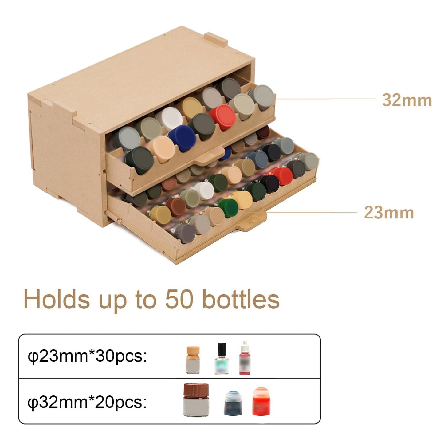 Bucasso Plastic Model Paint Rack Organizer for 50 Paints, Pull-Out Storage With MDF Material, Model Tools, Suitable for 10ml Tamiya/Mr.Hobby and Miniature Paint Set GK8
