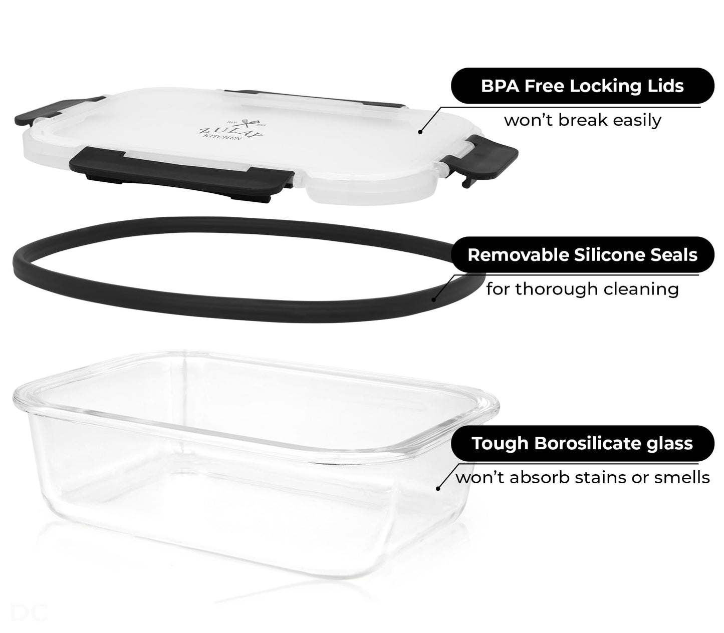 Zulay Kitchen 12 Pack Glass Container Food Storage Set with Lids - Airtight, Premium Borosilicate Glass Meal Prep Containers - Lunch Tupperware Box - Microwave, Freezer & Oven Safe, BPA Free - Black