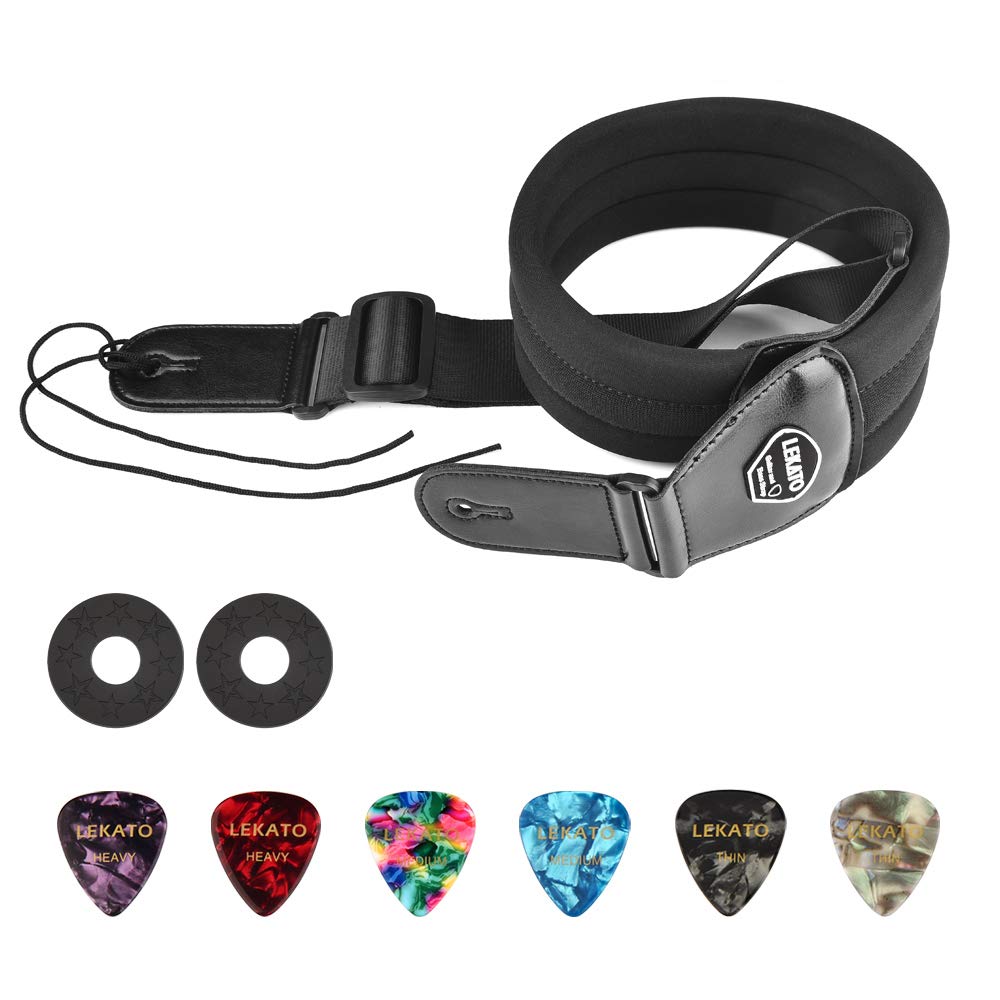 LEKATO Bass Guitar Strap for Electric Guitar 3" Wide and Adjustable Length from 45" to 55" Bass Strap with Pick Holders 2 Safety Strap Lock and 6 Picks