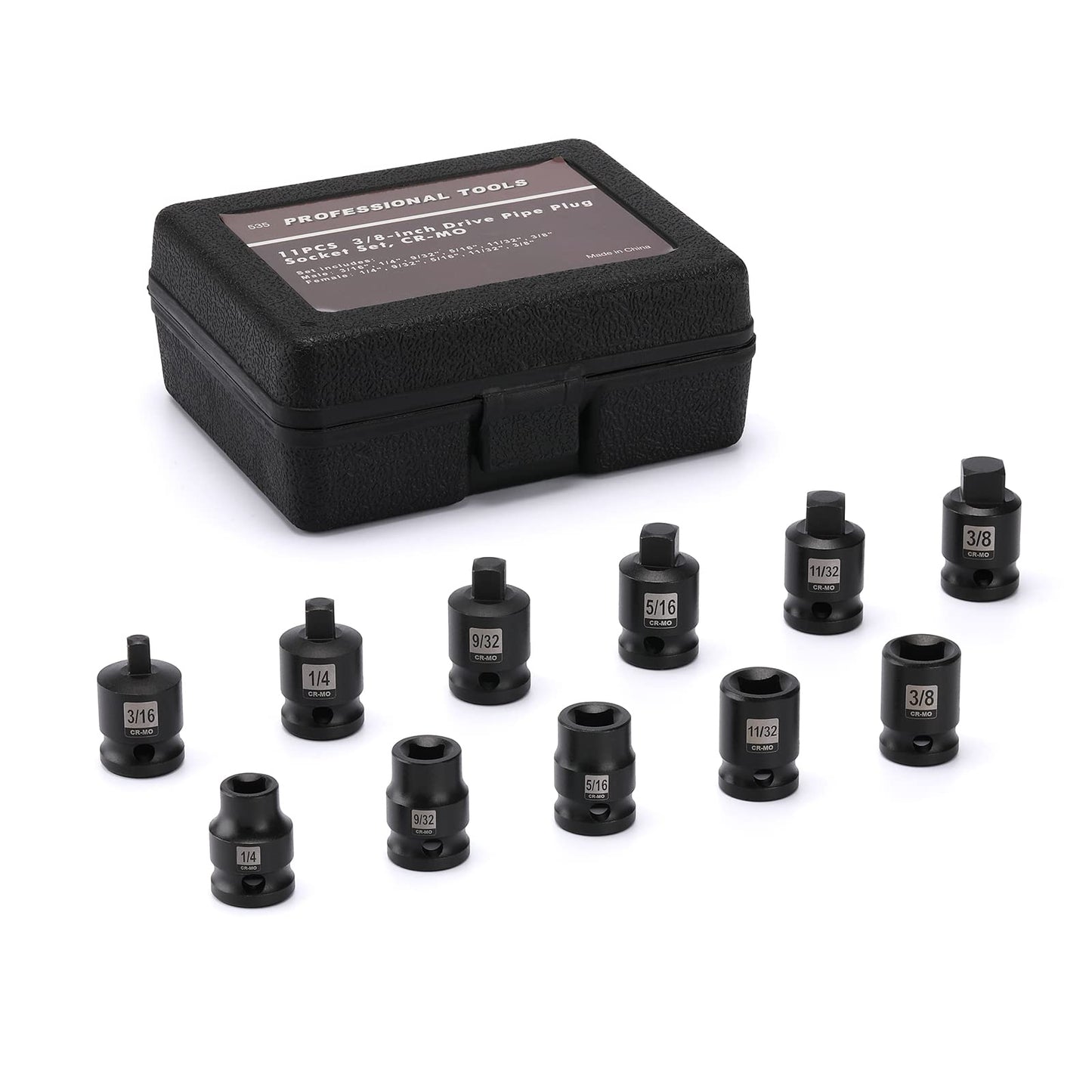 EMENTOL 11PCS 3/8" Drive Pipe Plug Socket Set, SAE, CR-MO, Tapered Male Square Drive- 3/16 Inch to 3/8 Inch, Chamfered Female Square Drive- 1/4 Inch to 3/8 Inch, 11 Pieces Set
