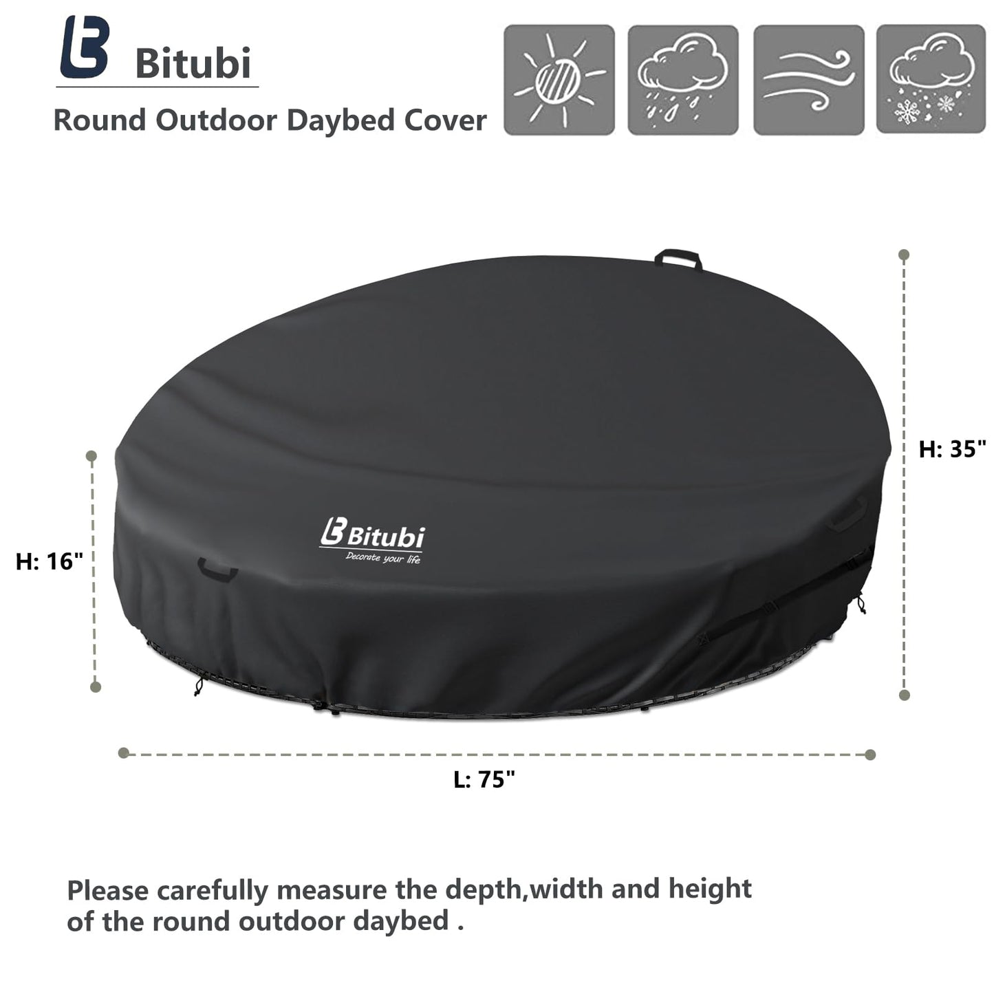 Bitubi 75 Inch Heavy Duty Waterproof Outdoor Daybed Cover - 600D Tough Canvas Anti-UV Patio Canopy Daybed Sofa Cover 75" Dia x 35"/16”H, Black
