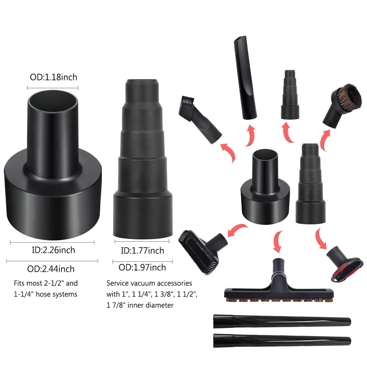ECOMAID 10 Pack Vacuum Attachments for Shop Vac Accessories, Including Hardwood Floor Brush, Crevice Tool, Extension Wands & Adapters for 1" to 2" Vacuum Hoses