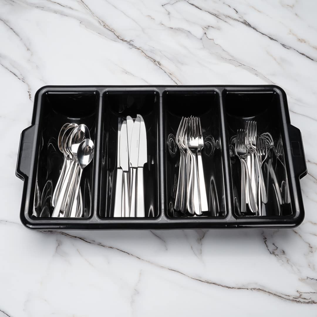 Restaurantware-21.9 x 14.2 x 3.5 Inch Silverware Organizer, 1 Crack-Resistant Cutlery Tray - 4 Compartments, Built-in Handles, Black Plastic Utensils Drawer Holder, for Kitchen Organization