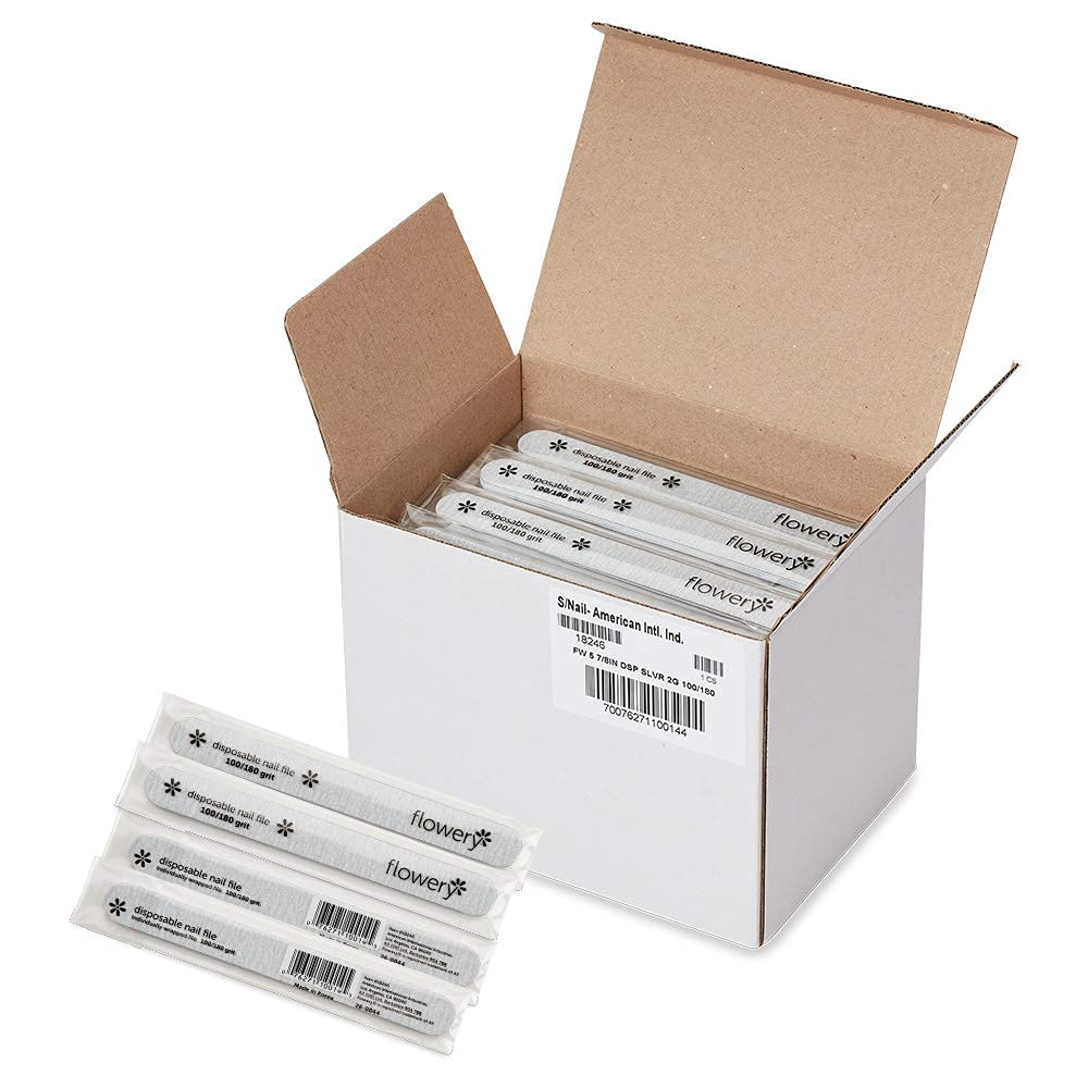 Flowery Disposable Nail File Cushion Core 100/180, Silver, 100-Count