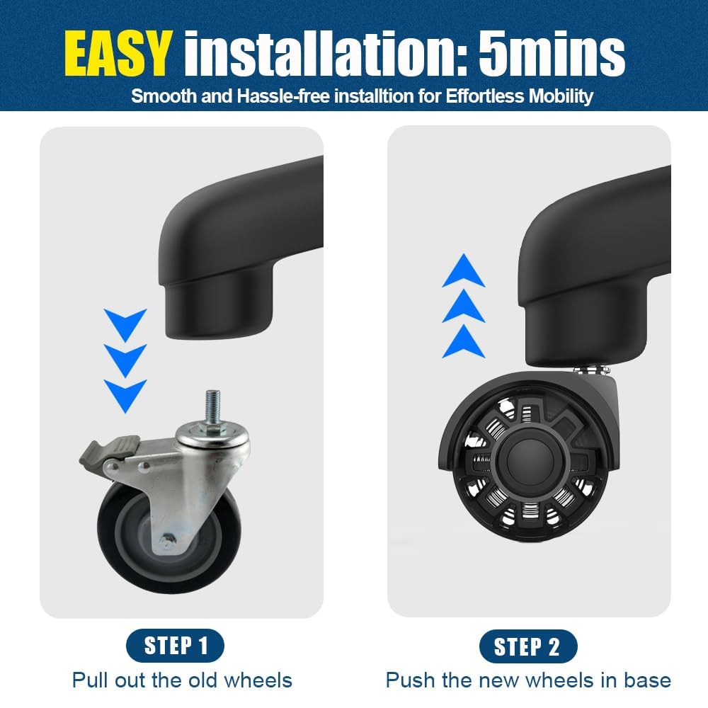 Office Chair Wheels Casters-Protection for Hardwood Floors and Carpet, Heavy Duty Silent Computer Chair Wheels with Standard Stem 7/16″* 7/8″(11mm*22mm),Office Chair Wheels Replacement (Black)