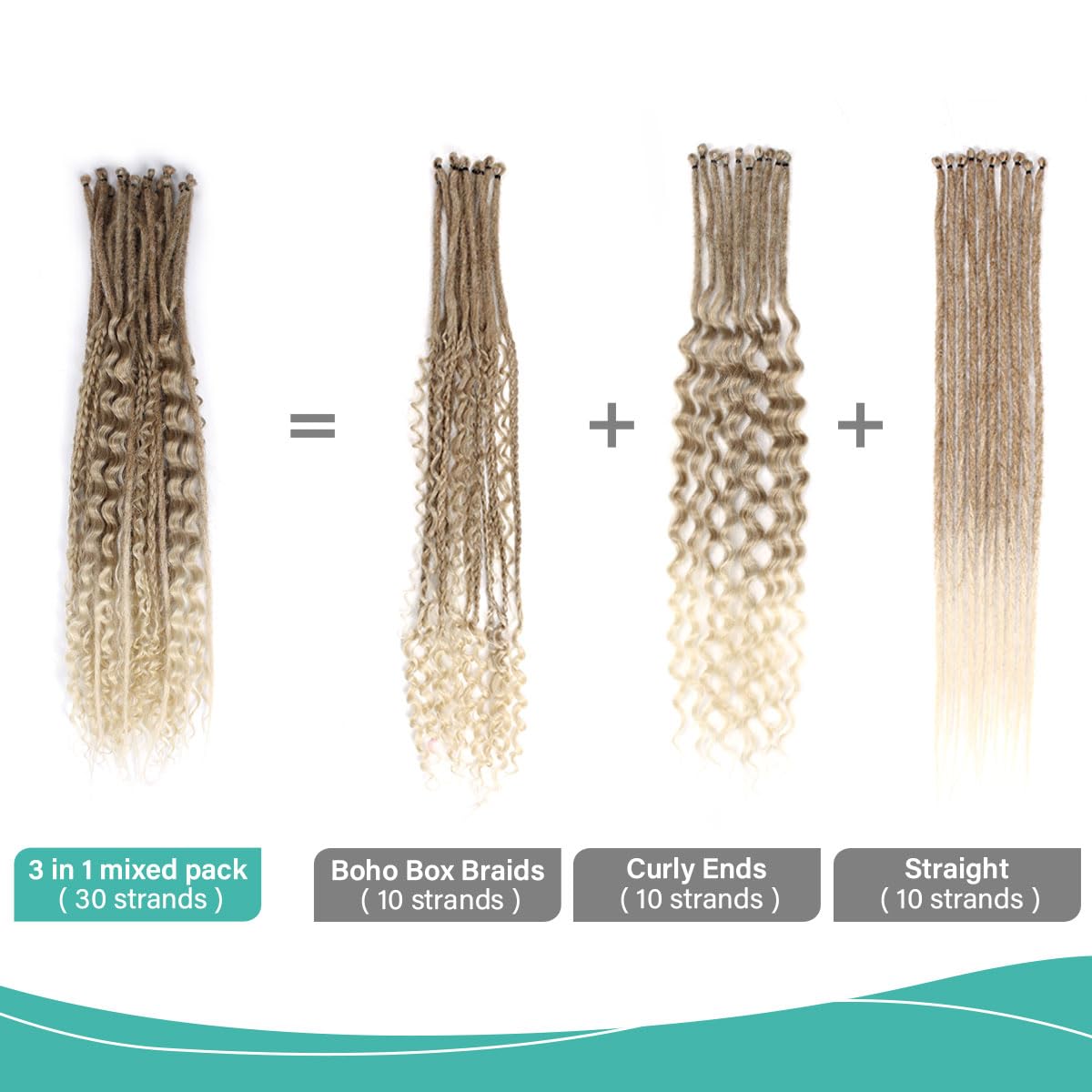 Pouweney 24 Inch 3 In 1 Dreadlock Extensions Sets, 30 Strands Mixed Brown to Blonde Synthetic SE Dreads Extensions, 100% Handmade Soft Single Ended Curly Boho Wavy Dreads for Girls