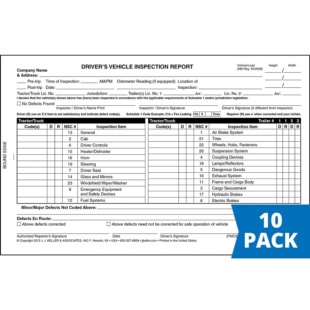 Canadian Driver's Vehicle Inspection Report 10-pk. - Book Format, 2-Ply with Carbon, 5.5" x 8.5" - 31 Sets of Forms Per DVIR Book - J. J. Keller & Associates