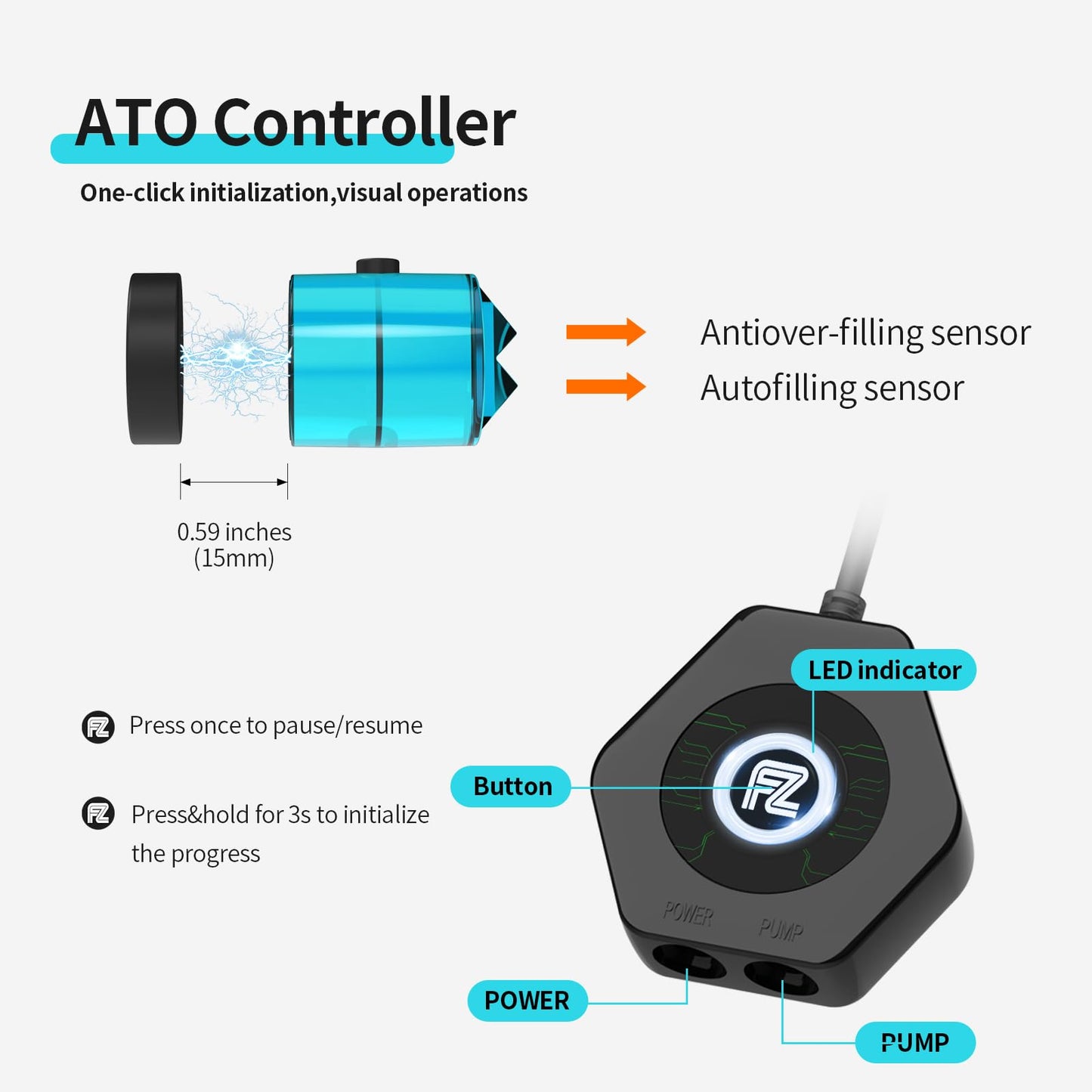 Fzone ATO-580P Auto Top Off for Saltwater Aquarium & Fresh Aquarium |Upgraded Controller| QST Alarm |0.7 inches| Dual Optical Sensor
