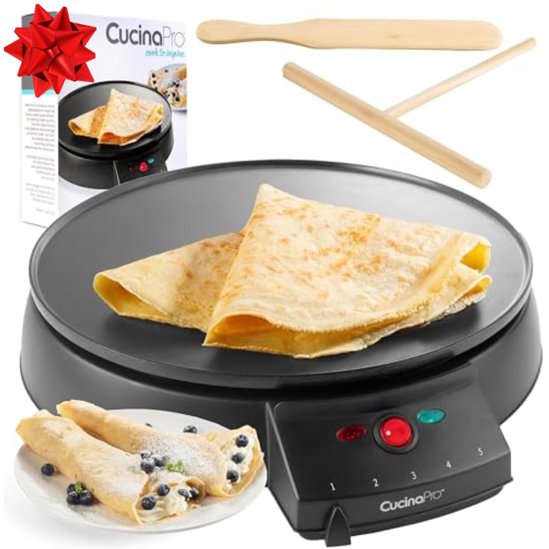 Crepe Maker and Non-Stick 12" Griddle- Electric Crepe Pan with Spreader and Recipes Included- Also use for Blintzes, Eggs, Pancakes and More