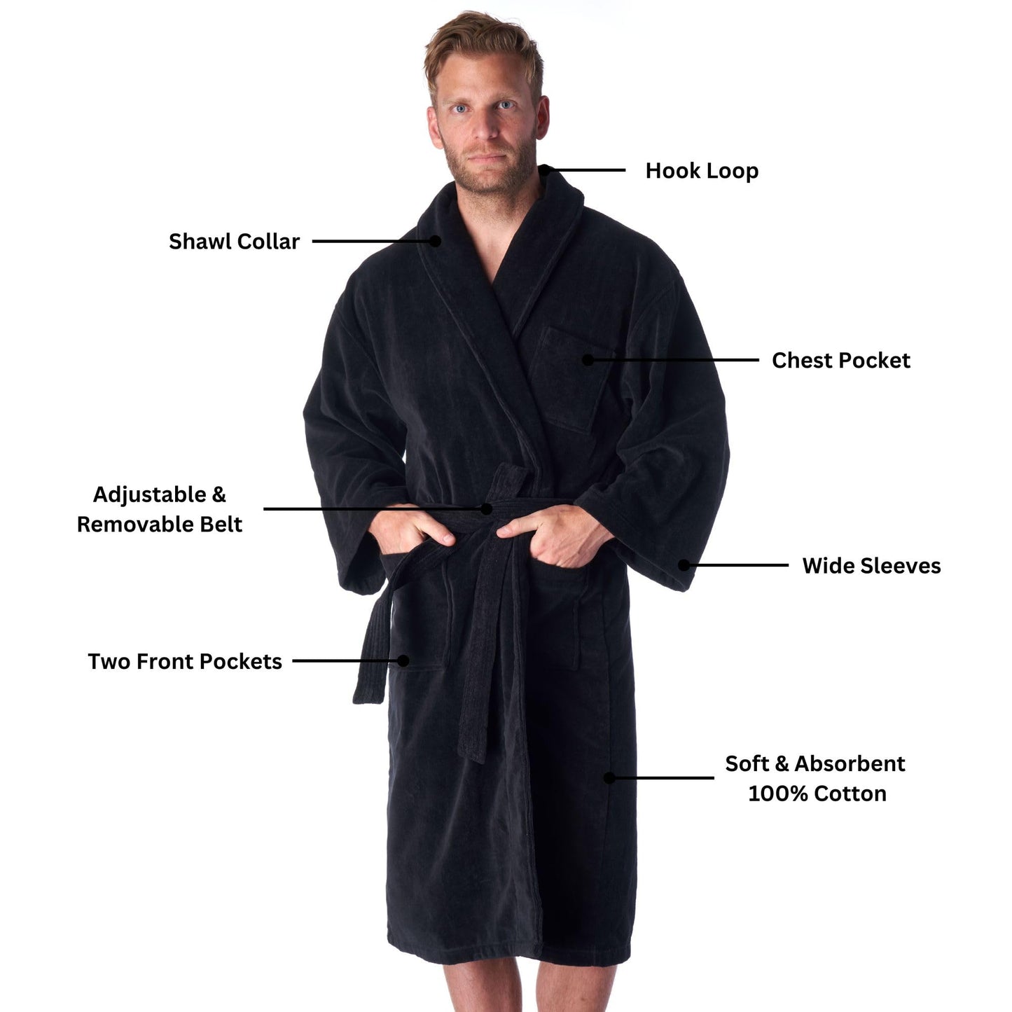 Alpine Swiss Pure Cotton Mens Terry Cloth Bathrobe Super Absorbent Spa Robe BLK XLXXL