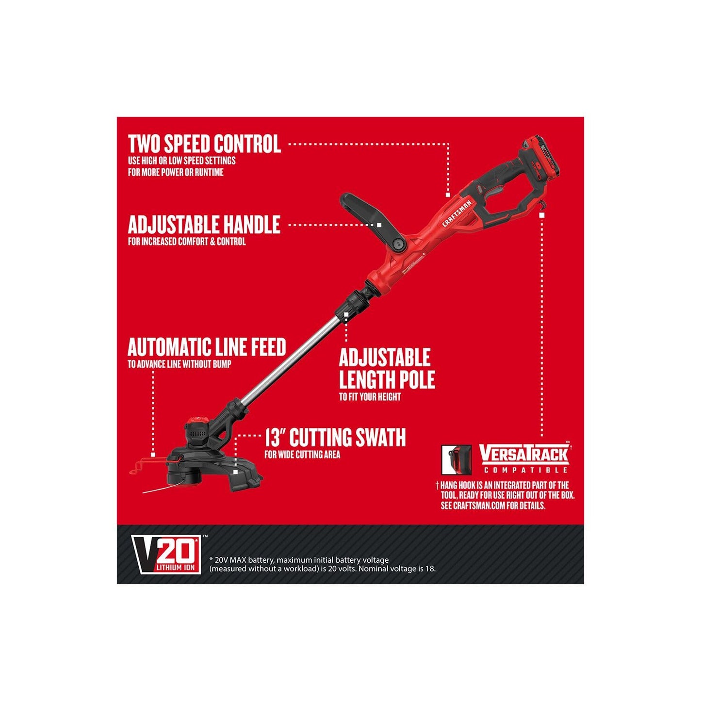 CRAFTSMAN Weedwacker V20 Cordless String Trimmer with 13-in Cutting Radius, Automatic Line Feed (CMCST900D1-CA)