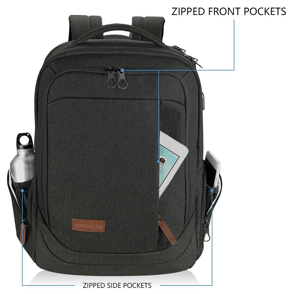 KROSER Laptop Backpack Large Computer Backpack for 15.6-17.3 Inch Laptop with USB Charging Port Water-Repellent School Travel Backpack Casual Daypack for Business/College/Women/Men-Charcoal Black