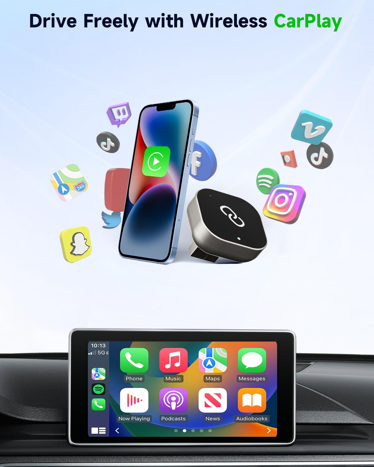 Spedal Wireless CarPlay Adapter for Factory Wired CarPlay – Plug & Play, Auto Reconnect, Mini Metal Design with USB-A & USB-C Cables – Compatible with iPhone 6+ and Cars from 2016+ (Silver)