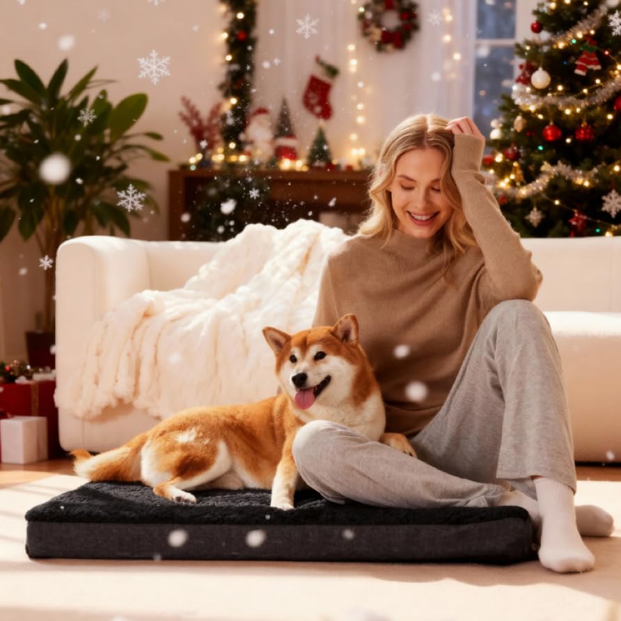 Patas Lague Orthopedic XL Dog Bed Large Sized Dog 107x71cm, Soft Waterproof Egg Crate Foam Large Pet Crate Beds Mat with Removable Washable Cover and Non-Slip Bottom, Black