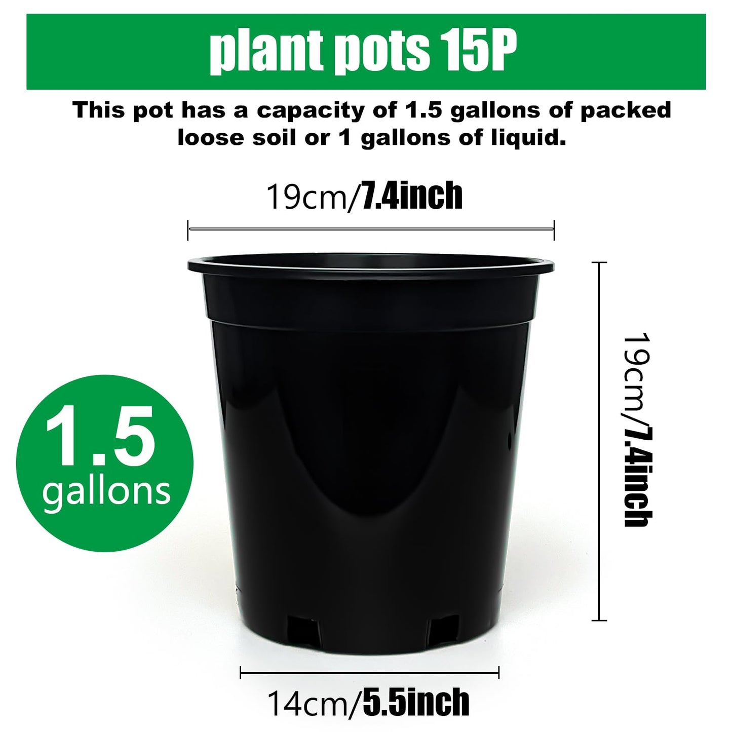 1.5 Gallon Plastic Nursery Pots, 7.5 Inch Round Plant Pots with Drainage Holes, 15 Pack Flower Pots for Outdoor Indoor Plants, Flowers, Black