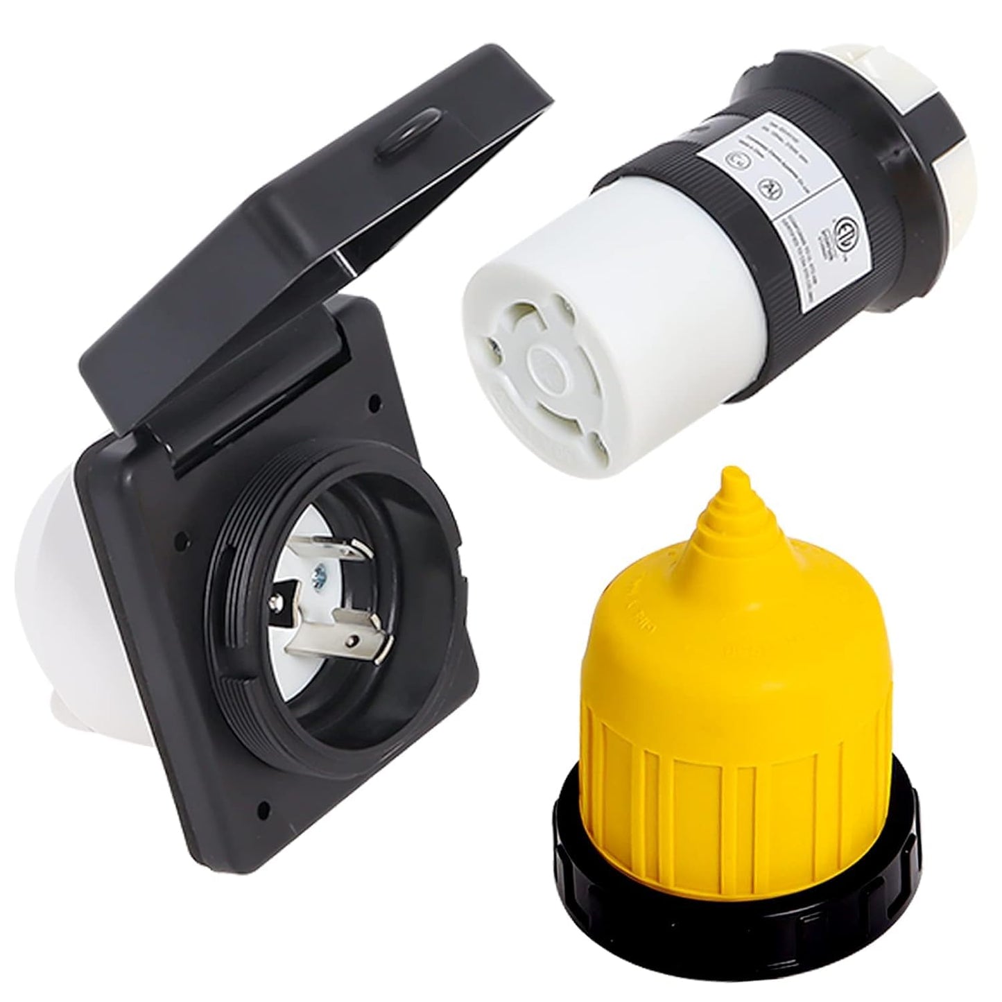 30Amp RV Power Inlet Kit, Including RV Power Inlet Receptacle, Female Twist Lock Adapter and Yellow Weatherproof Cover Boot, 125V RV Power Inlet Plug for RV Camper Trailer Boat Caravan Truck Yacht