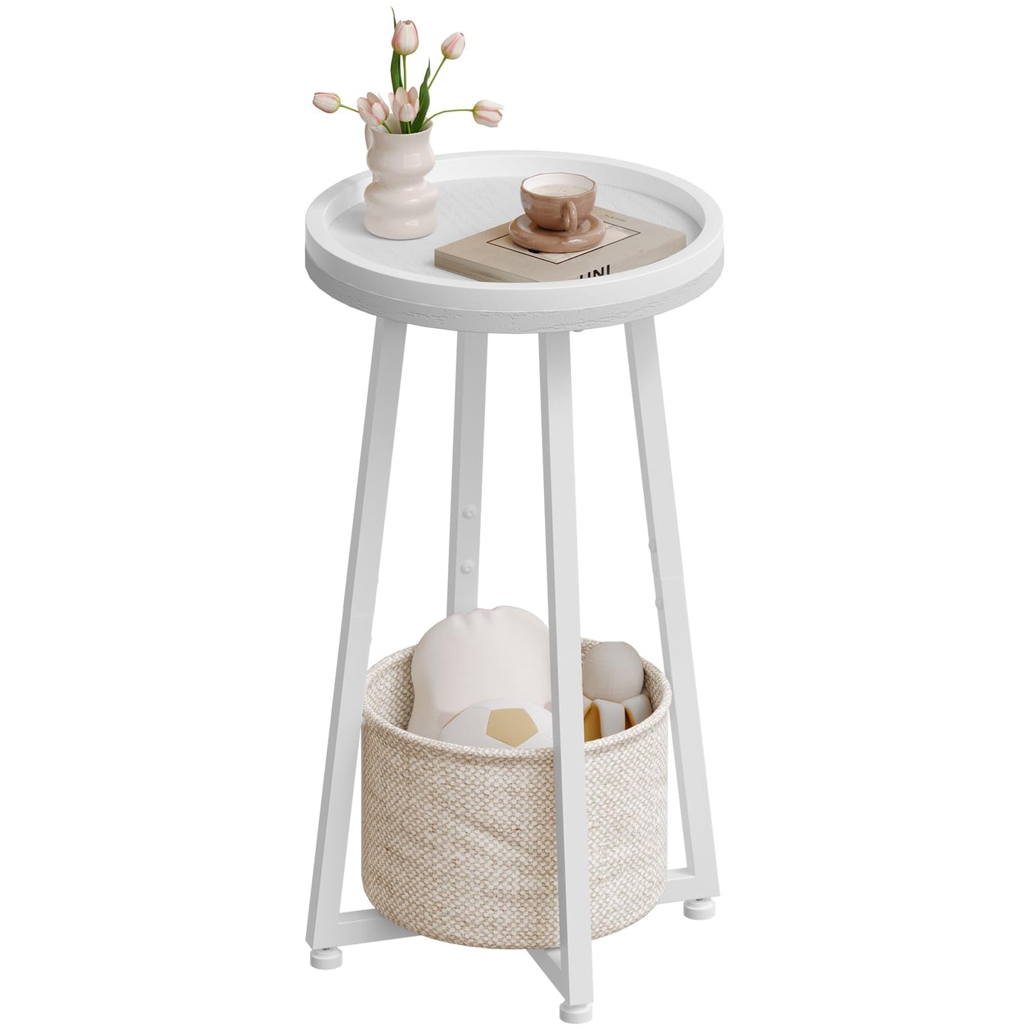 HOOBRO Small Round Side Table, 2-Tier Round Sofa End Table, Compact Nightstand with Fabric Storage Basket, for Small Space, Living Room, Bedroom, Dorm, White and Beige WW183BZ01