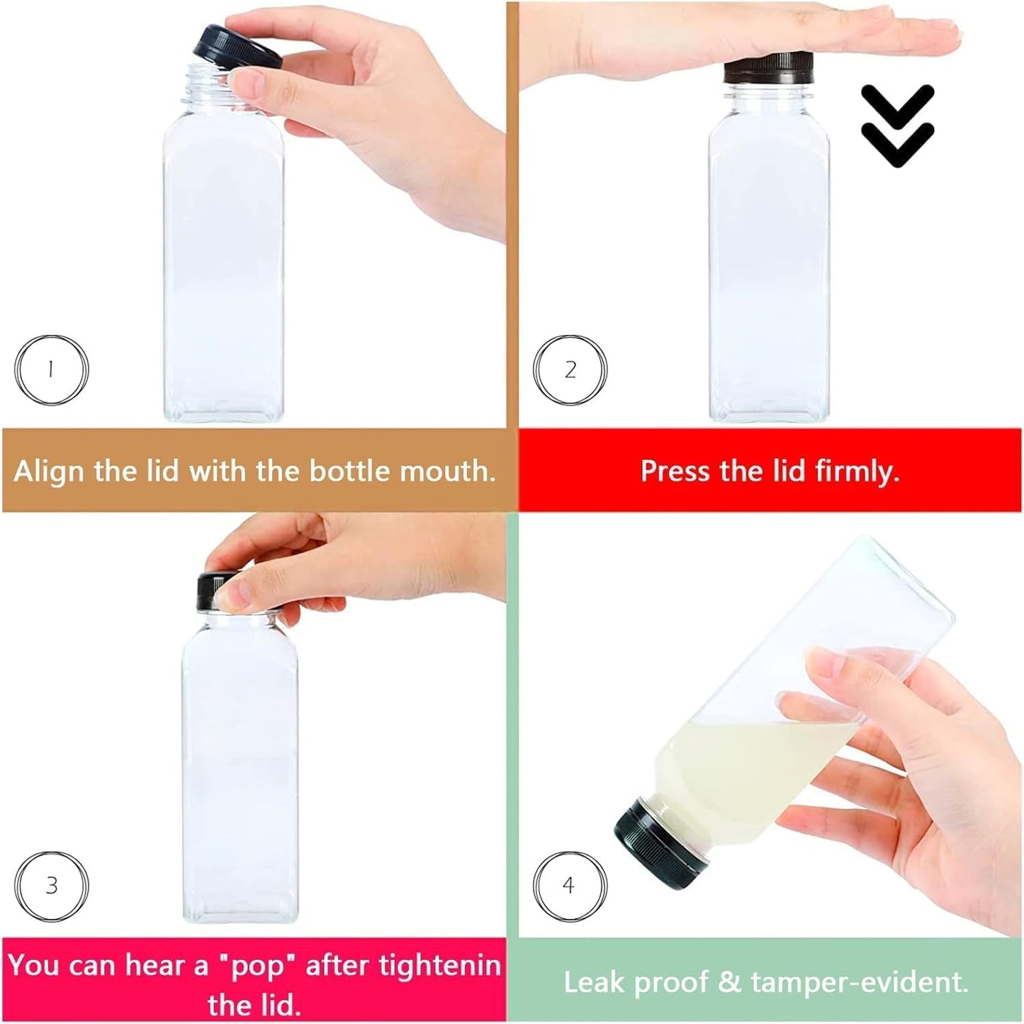 35 Pack 12oz Clear Plastic Juice Bottles with Caps, Empty Reusable Juice Bottles Bulk Square Beverage Containers for Juice Milk Water Smoothie Cold Drinks (Includes Labels, Brush & Funnel)