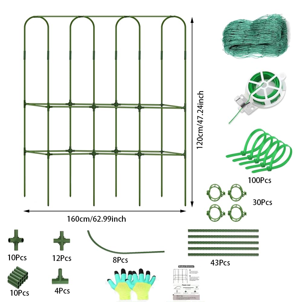 160 * 120cm Garden Trellis Cucumber Plant Trellis for Raised Bed with Netting Gloves Garden Tools for Vegetables for Plant Support Peas Fruit Flower Grape(Green)