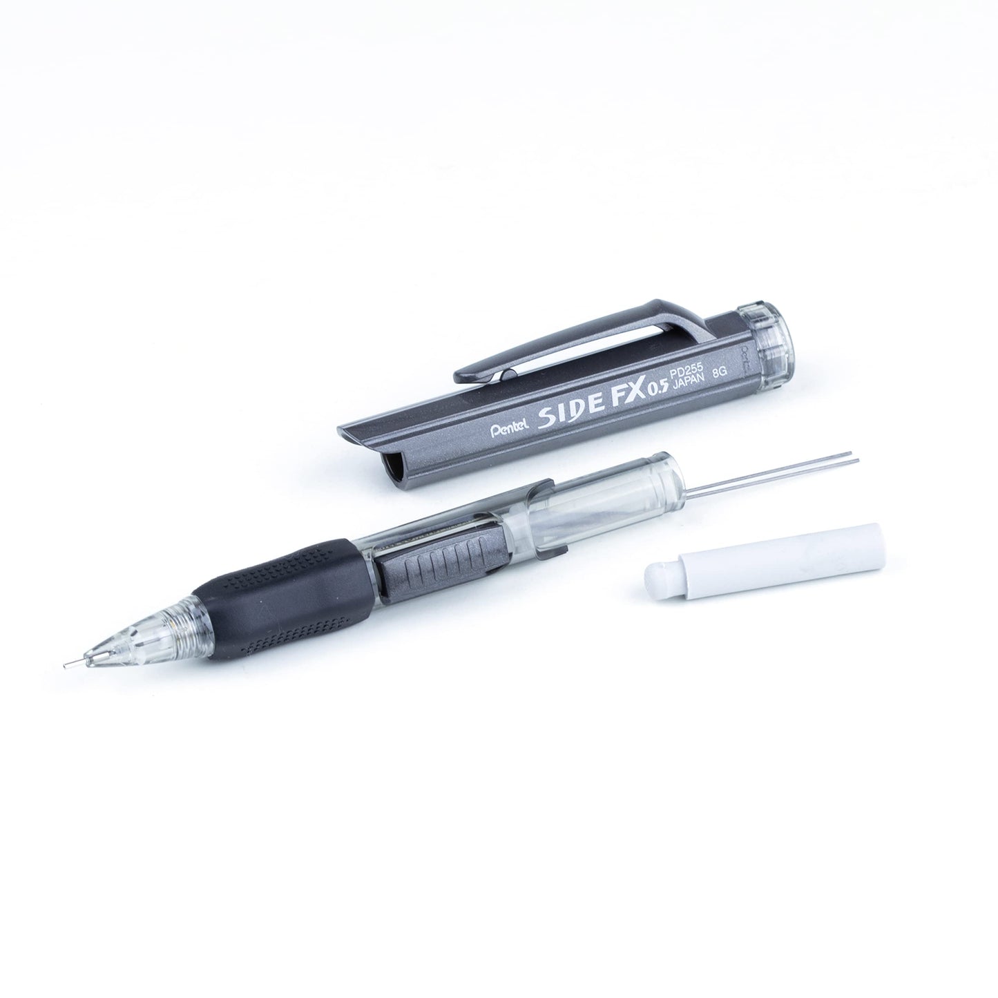 Pentel Side FX Mechanical Pencil with Side Click Lead Advance, 0.5mm Fine Point, Large Retractable Eraser, Black Barrel, PD255-A, Box of 12