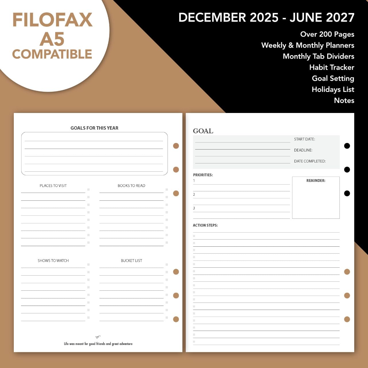 Wanderings A5 Leather Binder Planner - Refillable 6 Ring Journal with Inner Pockets - Hand-Crafted Genuine Leather Organizer- Filofax Compatible. 2026/27 Monthly Weekly Calendar with Notes - 6.75" x 9" (17 x 22.5cm)