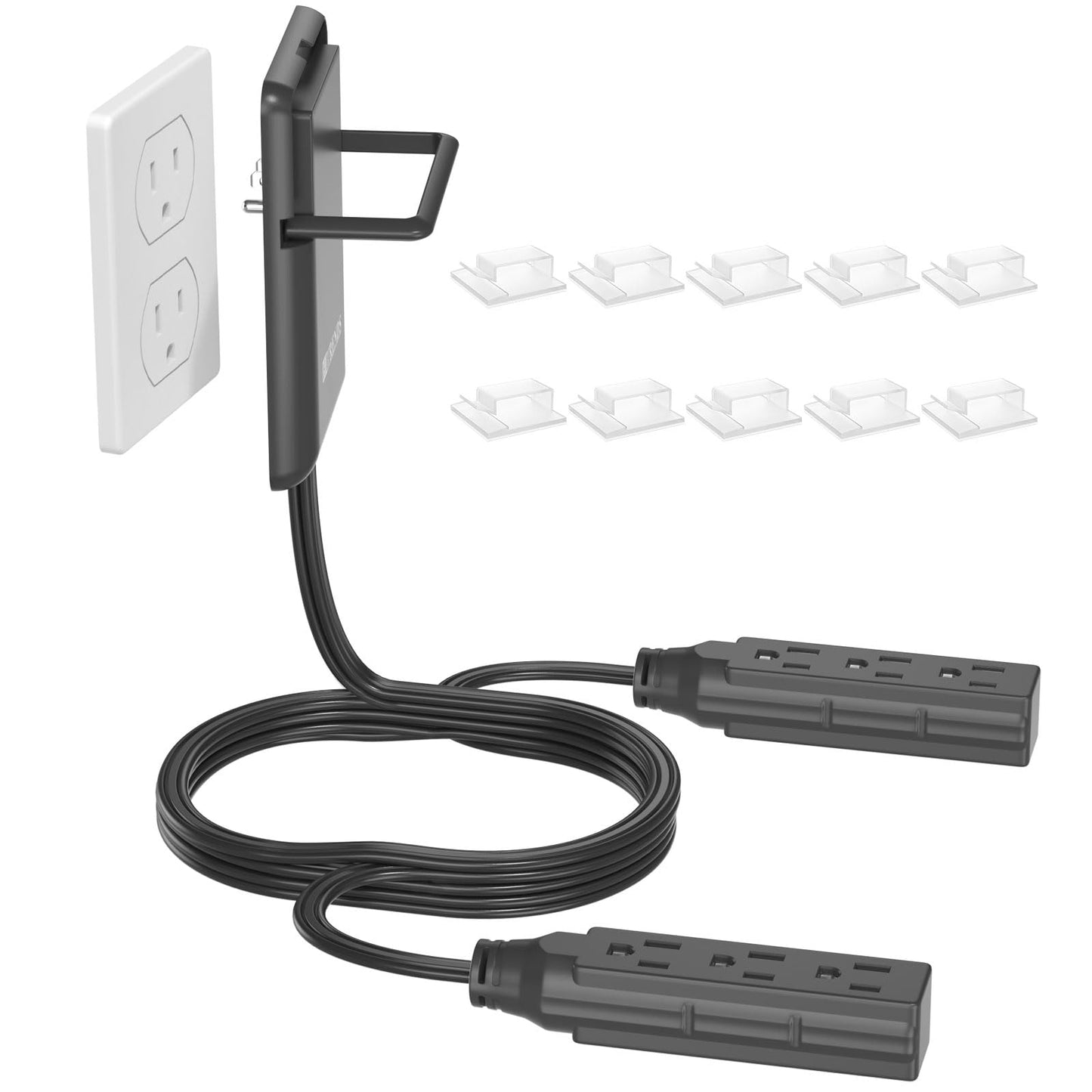 6FT Ultra Flat Plug Dual Extension Cord with 6 Outlets, Ultra-Thin Outlet Cover Power Bar, Outlet Concealer Universal Size Flat Plug Power Strip, Child & Pet Safe, 1625W, Black