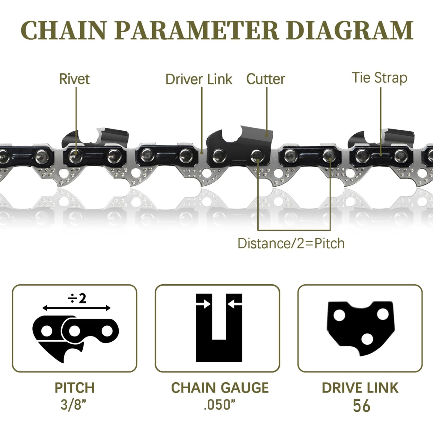 5Pack 16 Inch Chainsaw Chain 56 Drive Links 3/8" LP Pitch .050" Gauge Fits Echo, Homelite, Craftsman, McCulloch, Poulan, Ryobi, Greenworks and More