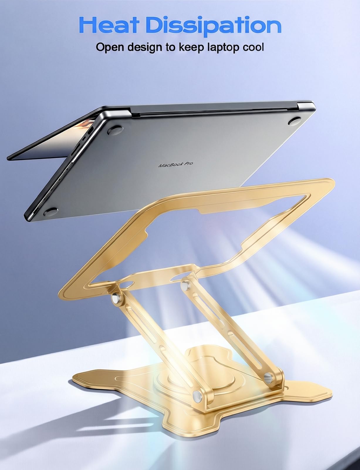 JCZT Adjustable Laptop Stand for Desk, 360° Rotating Base Ergonomic Computer Stand, Laptop Riser Foldable Protable for Office Home Fits Compatible with MacBook Pro/Air Notebook up to 10-16" Gold
