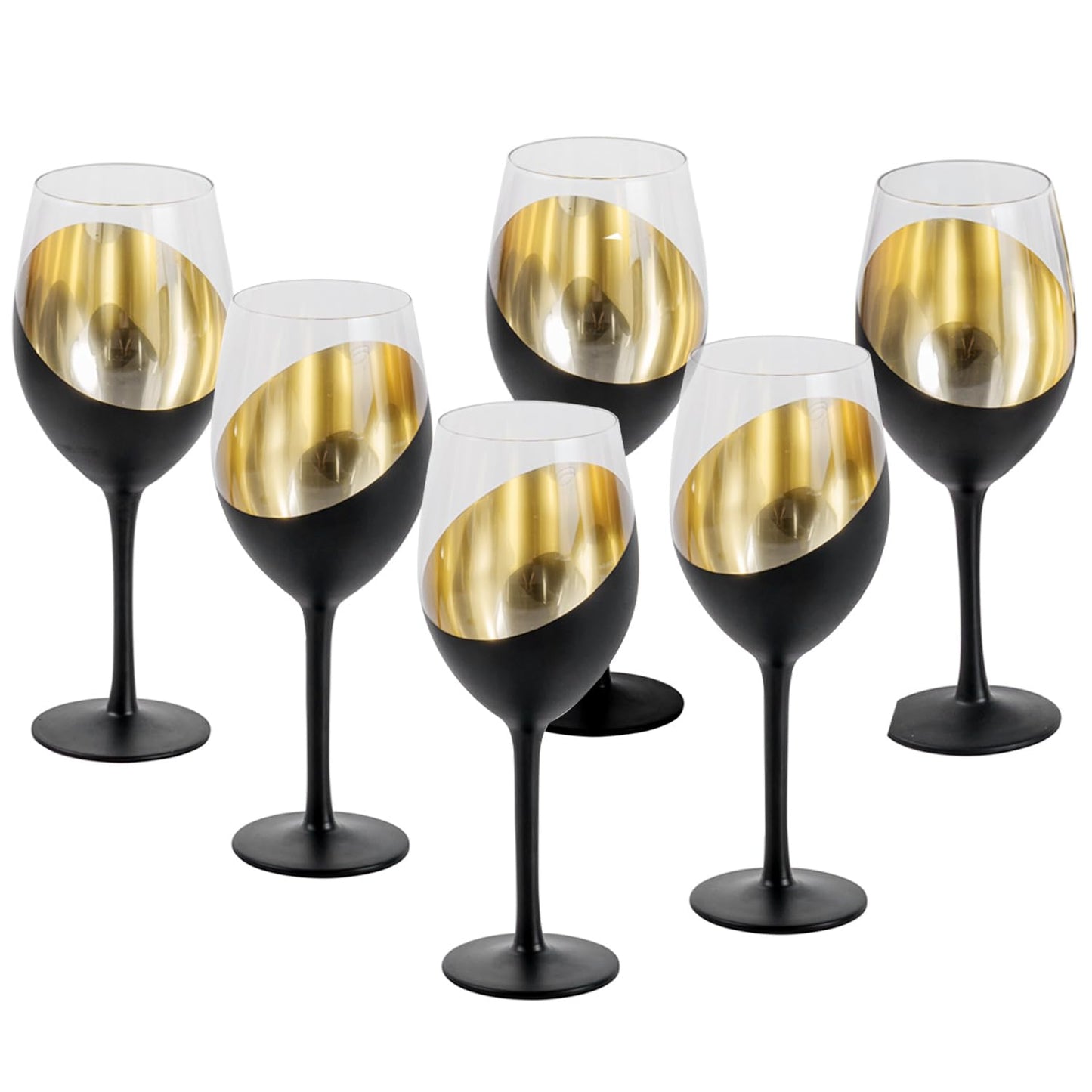 MyGift 14 oz Modern Slanted Matte Black and Gold Tone Stemmed Wine Glasses, Elegant Angled Design with Metallic Interior Accent Glass Stemware, Set of 6