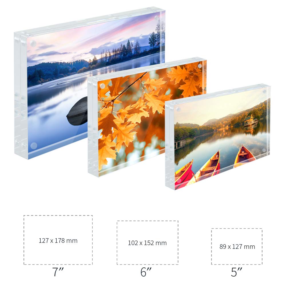 ADColor 5x7 Acrylic Picture Frames-20% Thicker Block Magnetic Floating Photo Picture Frame, Double Sided Self-Standing Glass Cadre Photo Plexiglass Frameless Picture Frame for Office Store Graduation Gifts-Set of 3