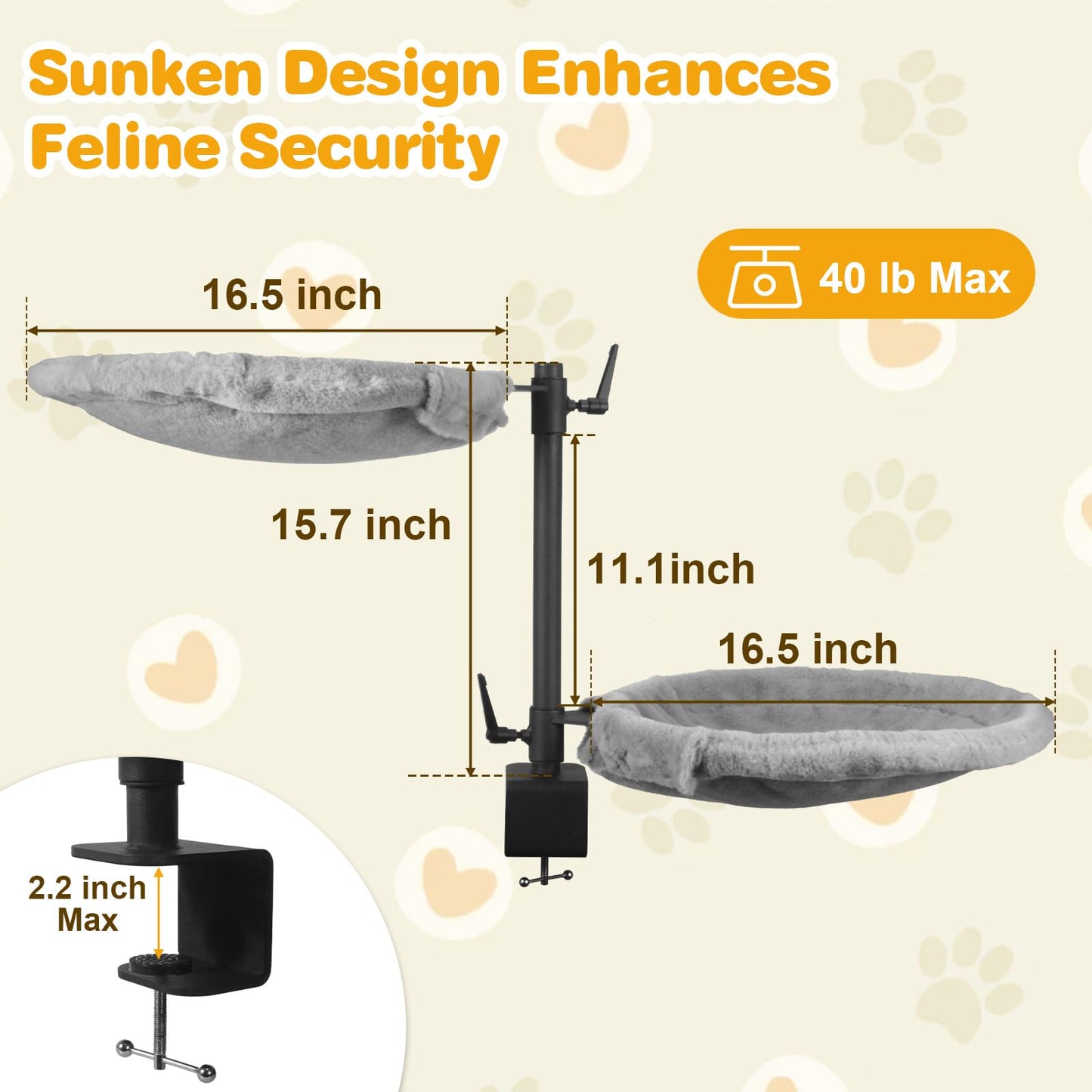 Double Cat Desk Bed - 2 Large Layers Cat Perch with 360° Rotating & Adjustable Height, Kitten Nest for Desktop with 2 Washable Soft Covers, Kitten Hammock Bed Mount for Home Office Grey