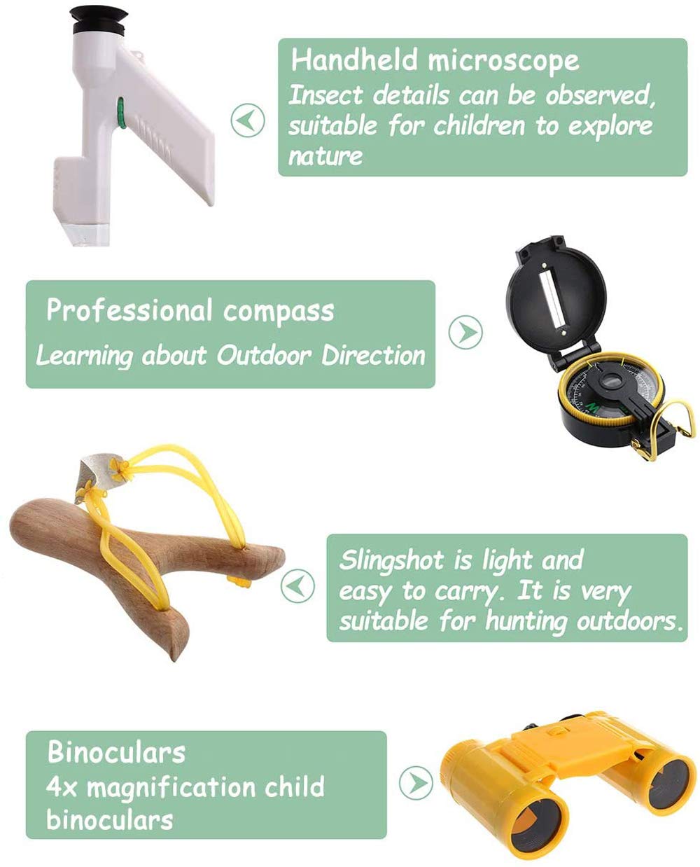 Outdoor Adventure Kit for Kids -16 Pcs Binoculars,Compass,Flashlight,Magnifying Glass Kids,Butterfly Kit,Handheld Microscope,Good Birthday for Kids Ages 4-12