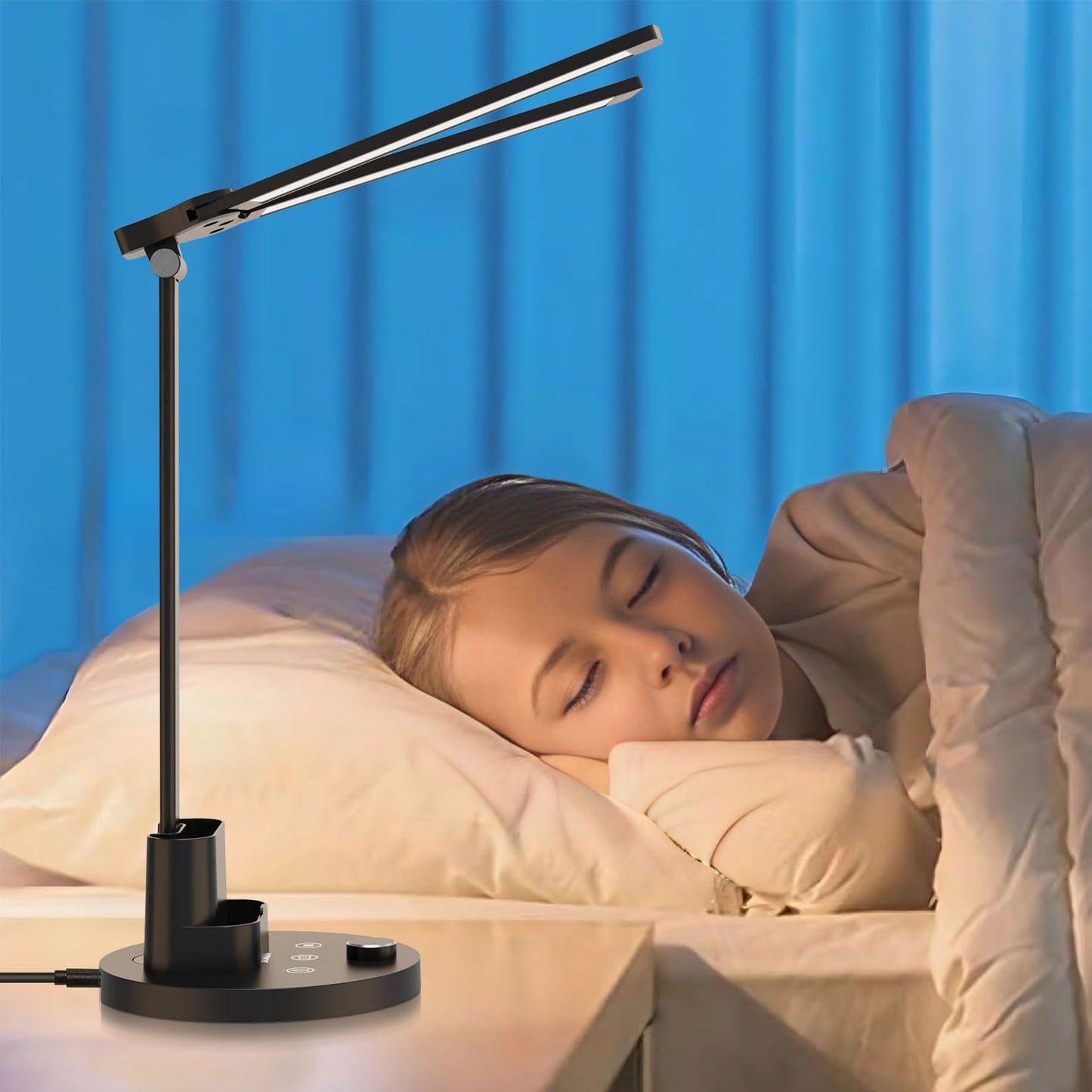 Semlos 10W LED Desk Lamp for Home Office, Touch Control, Adjustable Brightness, 3000K-6500K Color Temp, 45-Min Timer, Reading Mode, Dual-Arm Table Light with Charger & Pen Holder, Black