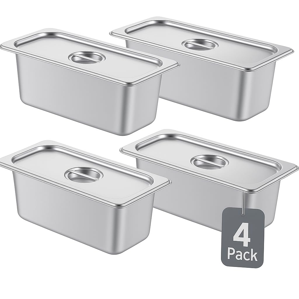 Alpha Living 4 Pack Stainless Steel Steam Table Pans with Lids, 1/3 Size 6” Deep Hotel Pans for Catering, Buffet, Restaurant, or Home Use – Durable Anti-Rust Reusable Food Storage Trays