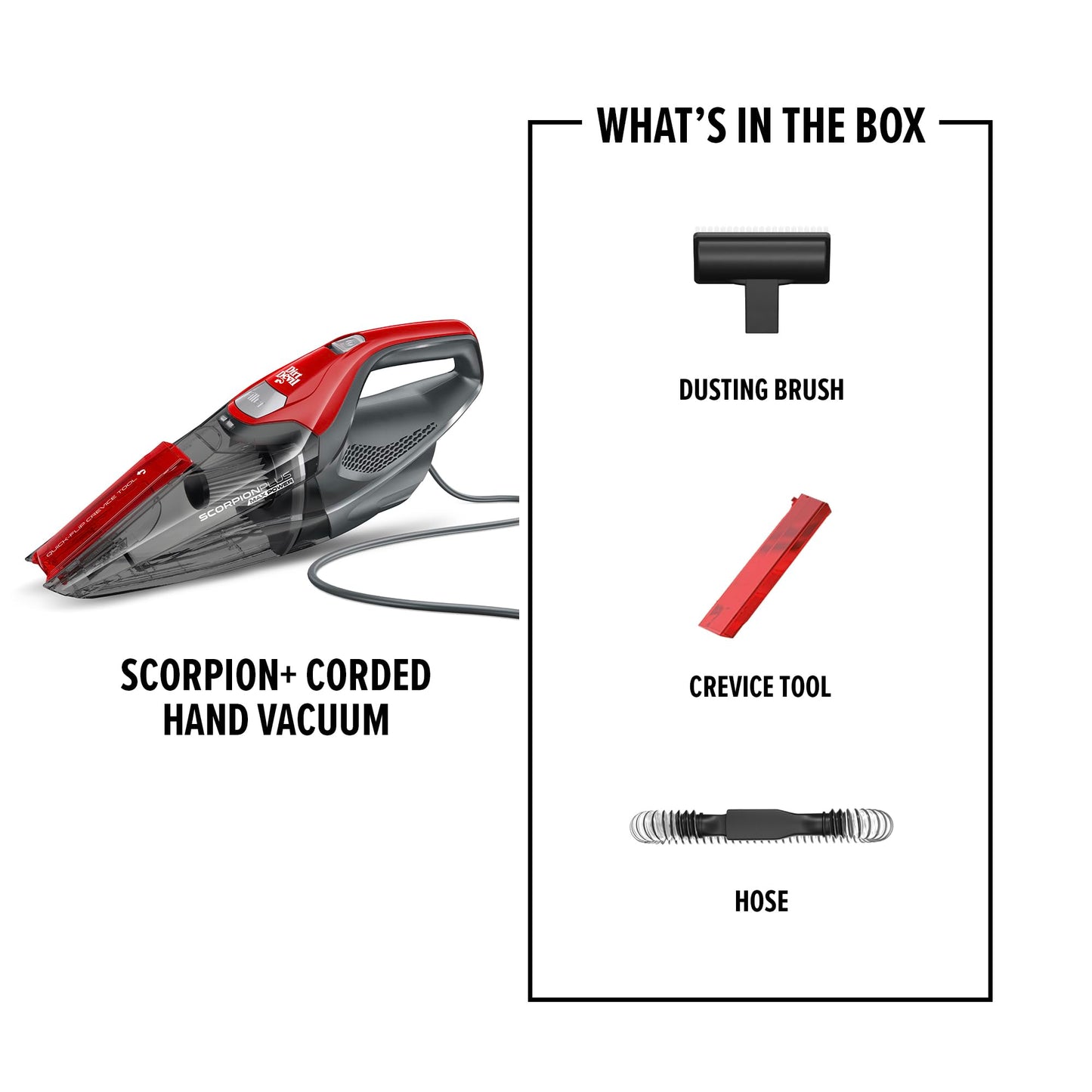 Dirt Devil Scorpion Max Power Corded Hand Vacuum Cleaner, Lightweight Hand Vac with Powerful Suction for Home and Car Cleaning, SD20005VCA, Red