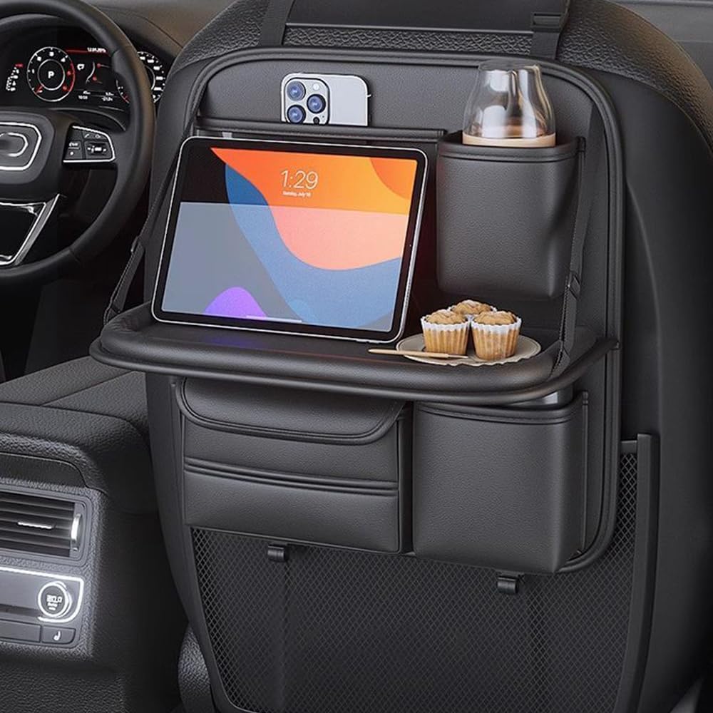 2 Pack Car Back Seat Organizer Leather Car Storage Organizer with Foldable Food Table Tray and Pockets Kick Mats Backseat Protector Travel Accessories (2, Black)