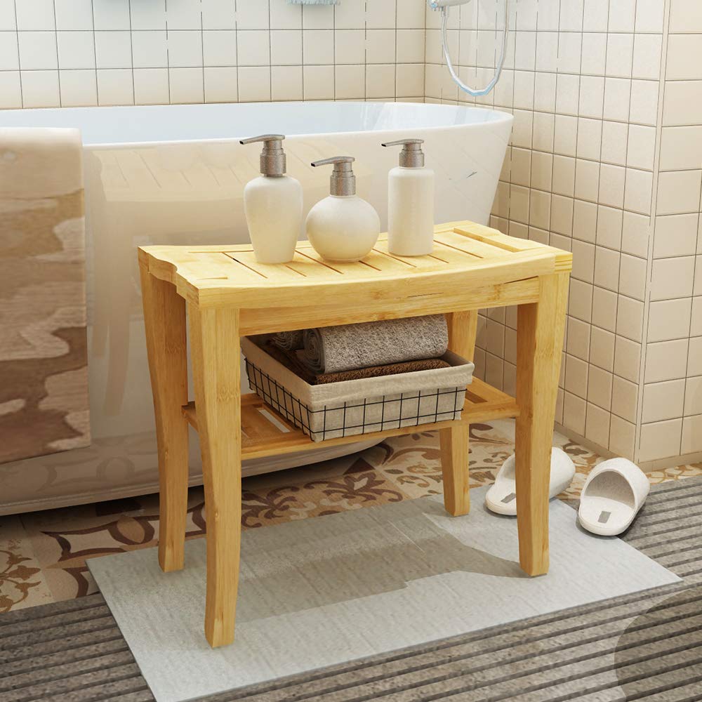 SogesGame Bamboo Shower Bench Stool with Shelf 2-Tier Wood Storage & Seating for Bathroom, Shower Bench Waterproof Chair, Bath Stool, Spa Sauna Seat,KS-HSJ-04-S8-CA
