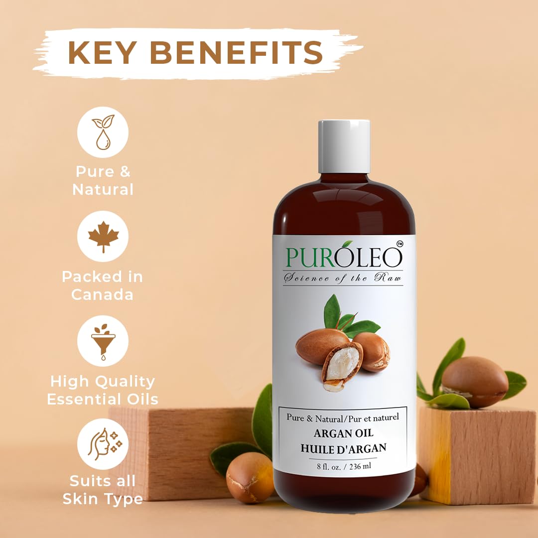PUROLEO Argan Oil 8 Fl Oz/236 ML (Packed In Canada) 100% Pure argan oil for hair, Face & Skin Carrier Oil, Imported from Morocco, argon oil, maroko oil