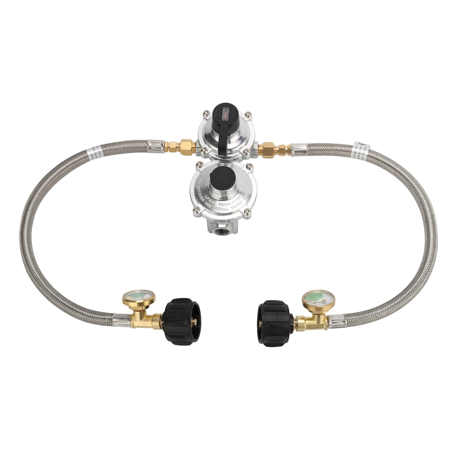 Solimeta RV Dual Cylinder Gas Regulator - 2-Stage Seamless Changeover Valve with 2PCS 15" Stainless Steel Hoses for Campers & Trailers,Vans/Trailers Primary Cylinder