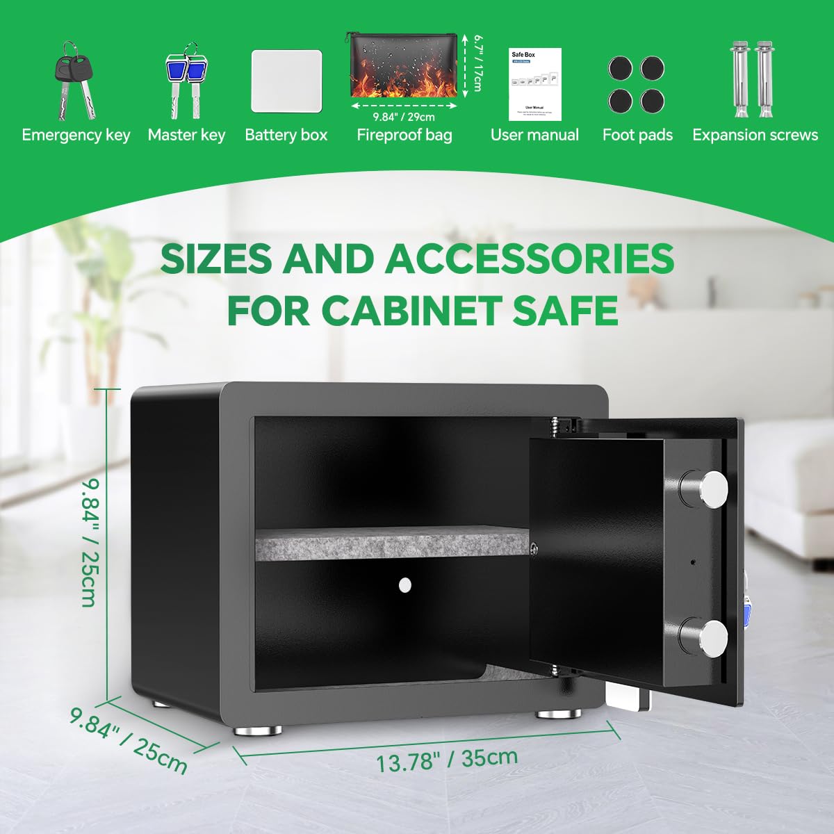 1.2 Cub Safe Box with Digital Keypad & Alarm System - Electronic Lock Box for Jewelry Cash with Adjustable Shelves - Includes LED Light & Fireproof and Waterproof Bag