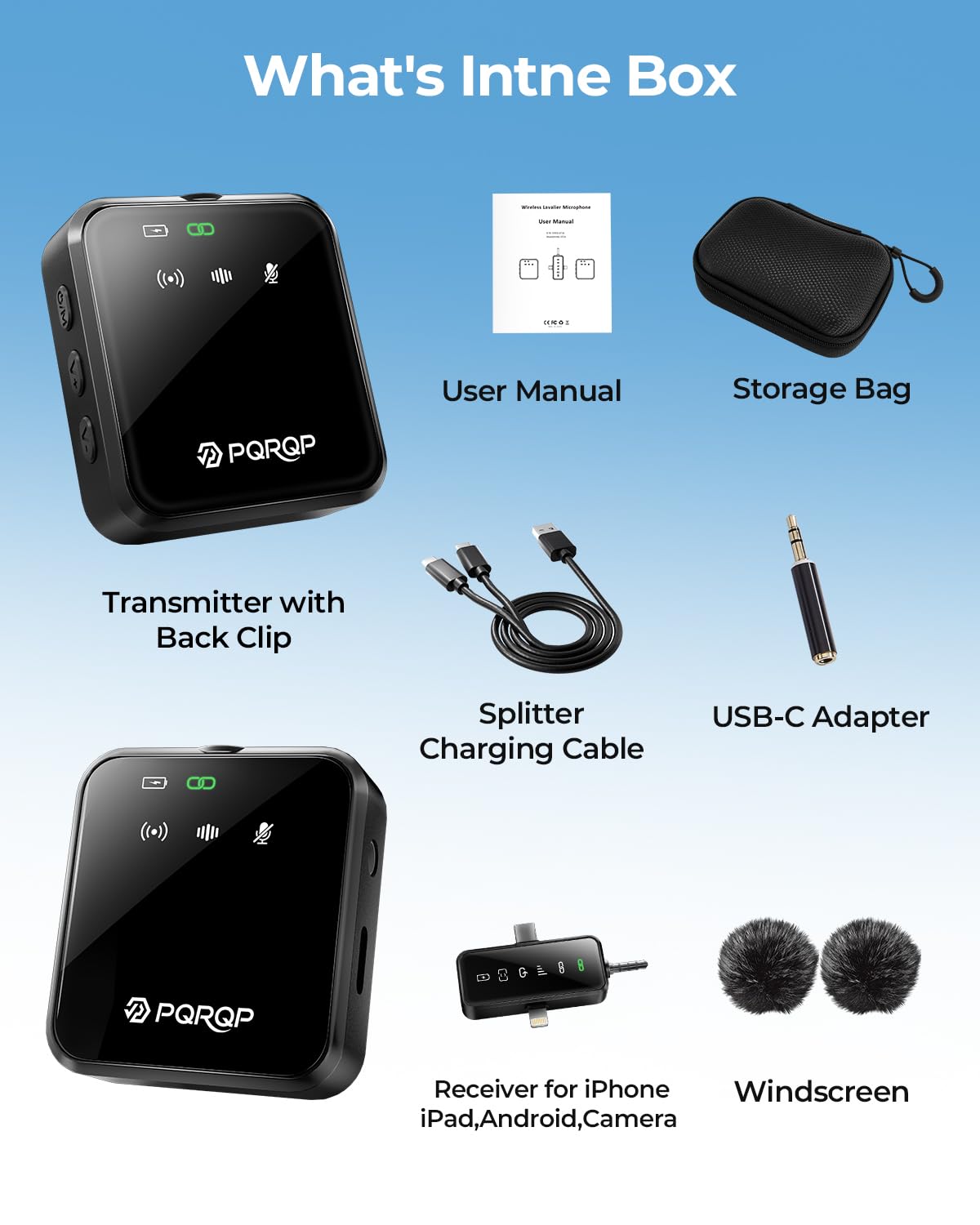 PQRQP 3-in-1 Mini Microphone for iPhone/Android/Camera, Hi-Fi Audio, 48kHz/24-bit,Wireless Microphone, 328ft Range, 18H Battery, Lapel Mic with Noise Reduction for TikTok, YouTube