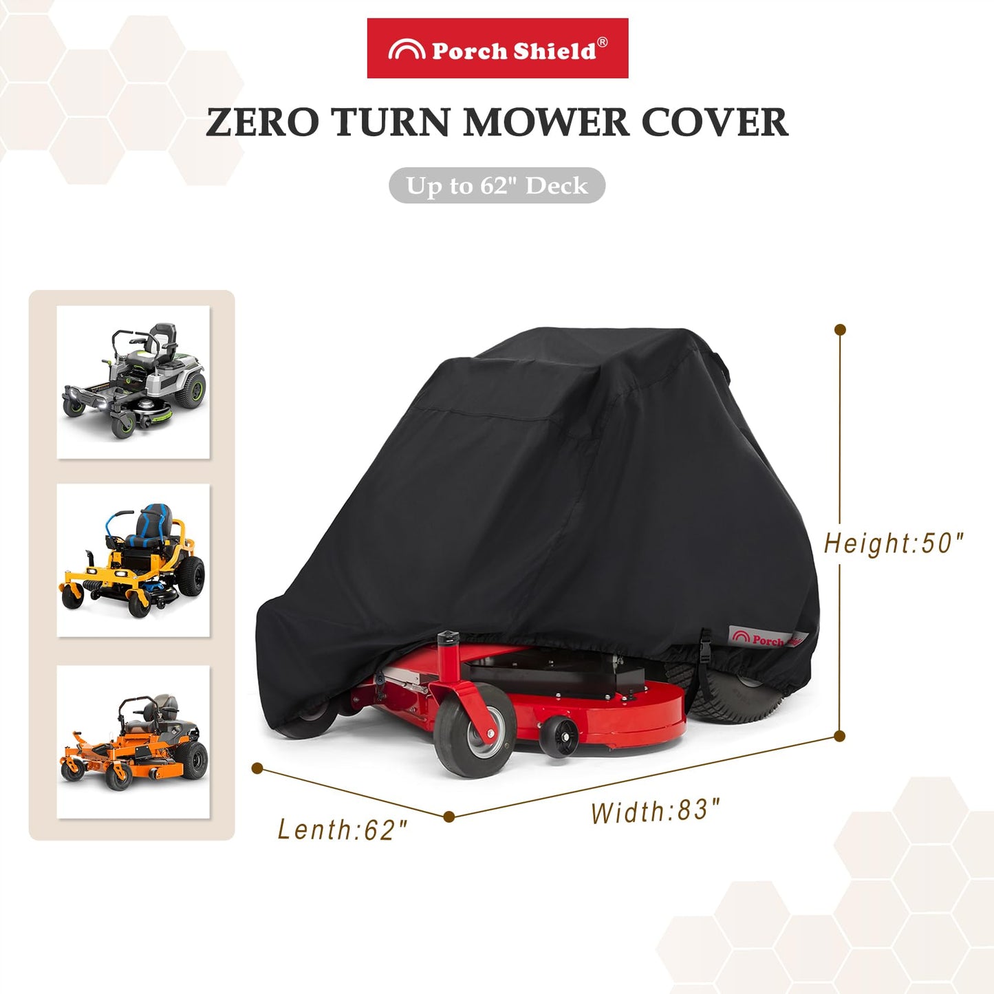 Porch Shield Zero Turn Mower Cover - Waterproof Heavy Duty Riding Lawn Tractor Cover Up to 62 inches Decks Black
