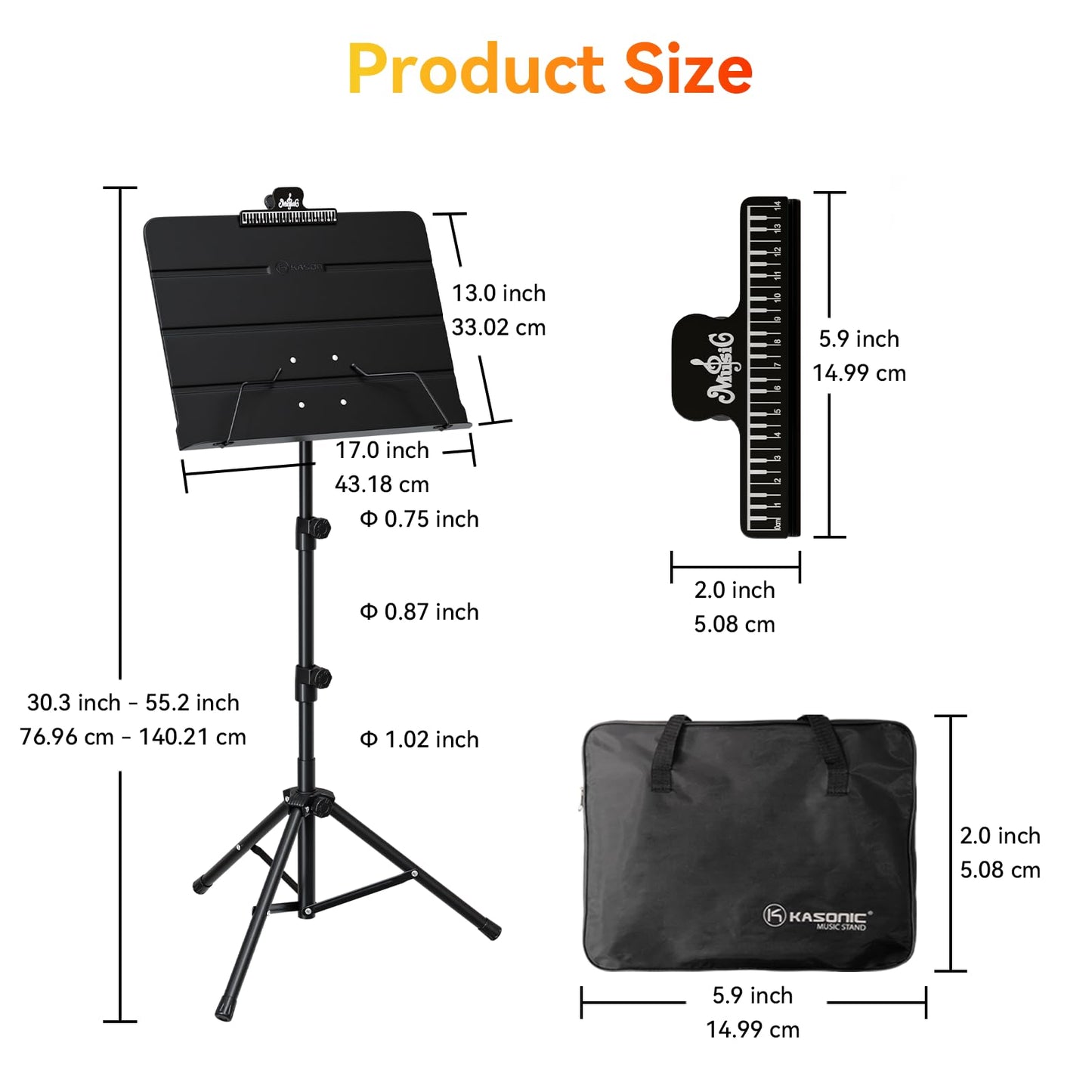 K KASONIC - Dual-Use Folding Sheet Music Stand & Desktop Book Stand with Portable Carrying Bag, Sheet Music Folder & Clip Holder (Black)