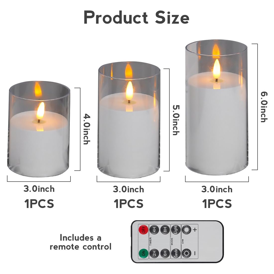 Set of 3 Clear Glass Flameless Candles Flickering with Remote, Battery Operated LED Pillar Candles for Home Decor & Weddings (D3in H4in 5in 6in)